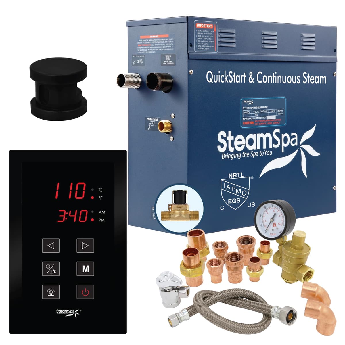 SteamSpa Premium Generador de Vapor 4.5 KW QuickStart con Panel Táctil y Auto Drain en Negro Mate PRT