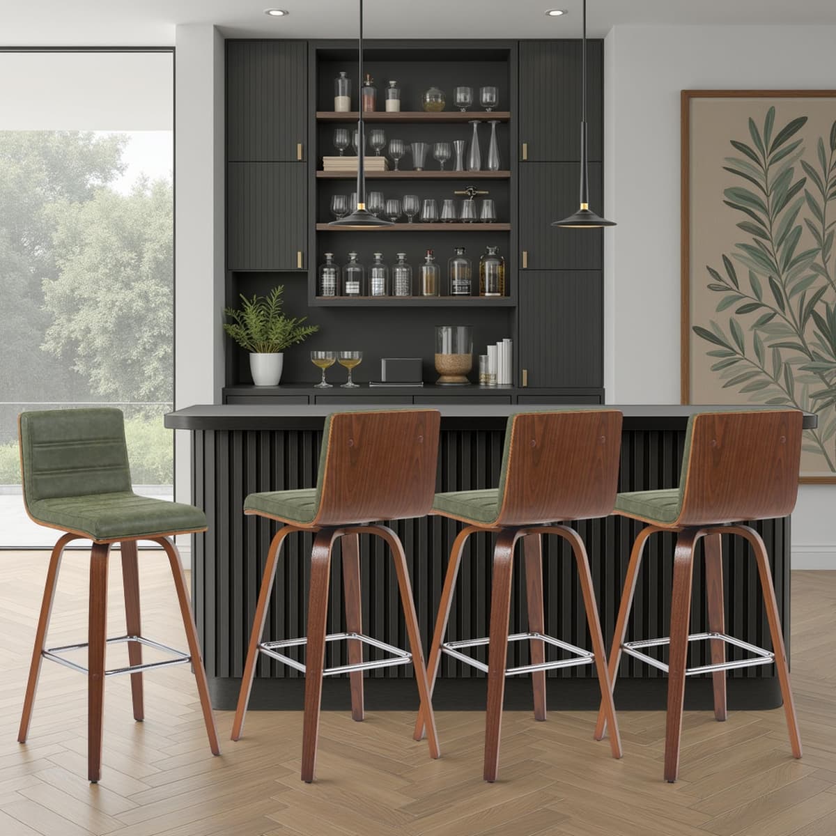 Armen Living Taburete de bar giratorio moderno Vienna altura de barra con asiento tapizado vintage verde y estructura de madera con acabado nogal juego de 3 LCVIBAVGNWA303PC
