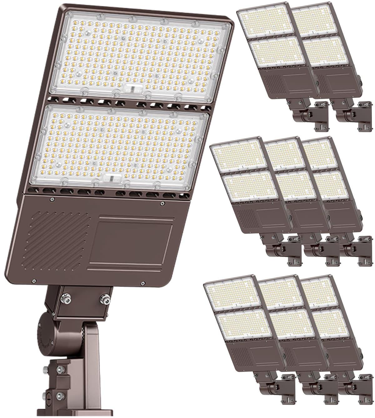 OPENLUX Paquete de 9 Luminaria LED para Estacionamiento 480V 240W con Fotocelda 36000LM 5000K Lámpara Tipo Shoebox con Poste, Proyector, IP65 Iluminación Comercial con Brazo y Adaptador de Montaje en 1, AC277~480V NG-PL-240W