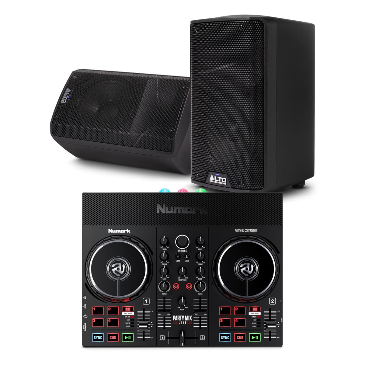 Numark Party Mix Live DJ Controller con par de altavoces PA ALTO TX408 - Solución para eventos