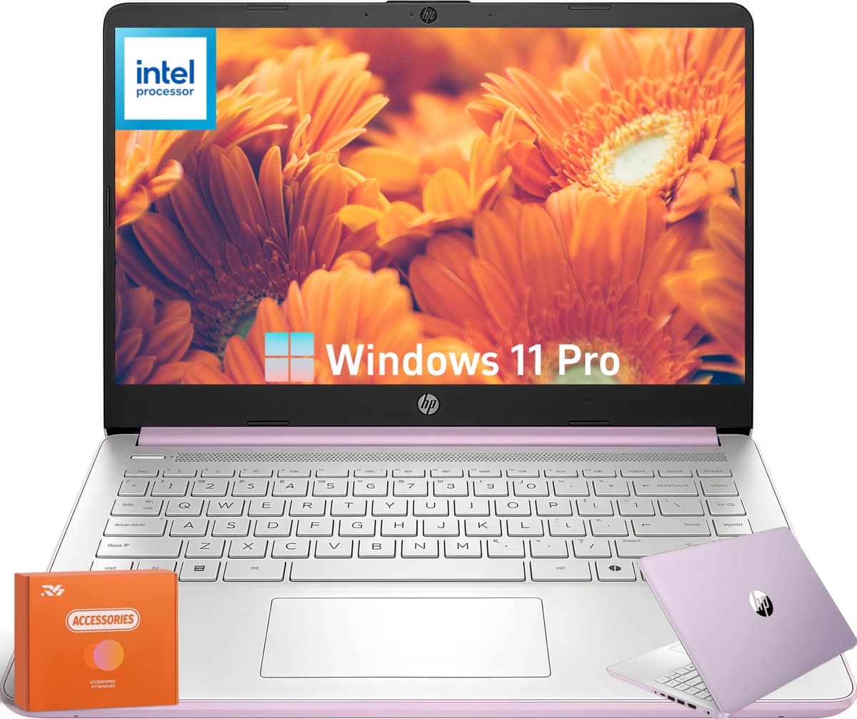 HP 2025 Laptop, Intel 4-Core N150 (equivalente N4120), pantalla LED 14" 250 nits, 16 GB RAM, 384 GB almacenamiento (128 GB UFS + 256 GB microSD), webcam, Wi-Fi, HDMI, Windows 11 Pro, Microsoft Copilot, Honey Lavender, con accesorios HP 14 Inch Laptop