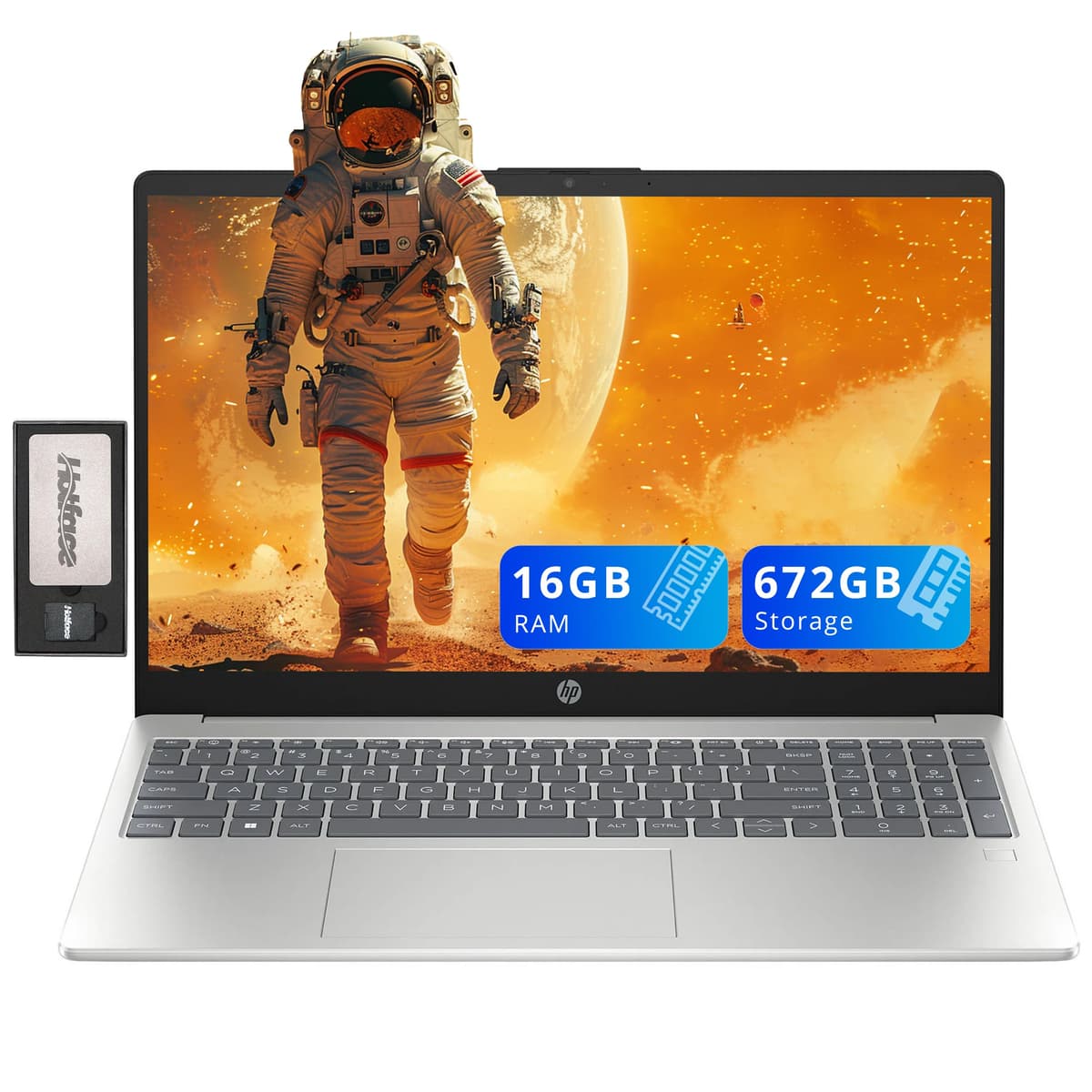 HP Pavilion 15.6" FHD Laptop, Intel i3-N305, 16GB RAM, 672GB de almacenamiento (512GB SSD + 160GB conjunto de estación de acoplamiento), Intel UHD Graphics, lector de huellas, teclado numérico, cámara web, Wi-Fi 6, plateado, Windows 11