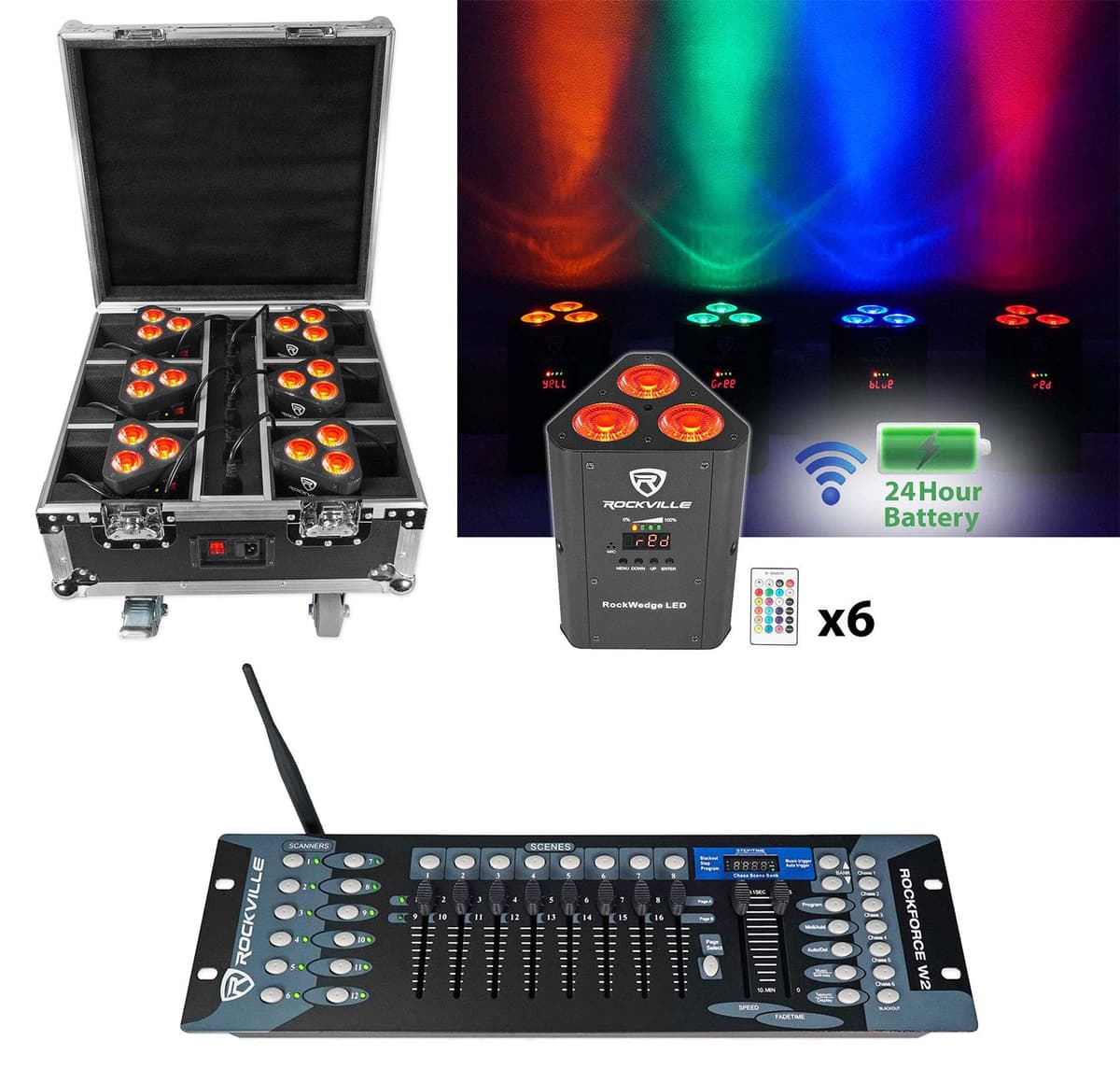 Rockville ROCKWEDGE Paquete: 6 pars inalámbricos con estuche de carga + ROCKFORCE W2 controlador DMX 192 canales ROCKWEDGE PACKAGE BLACK+ROCKFORCE W2