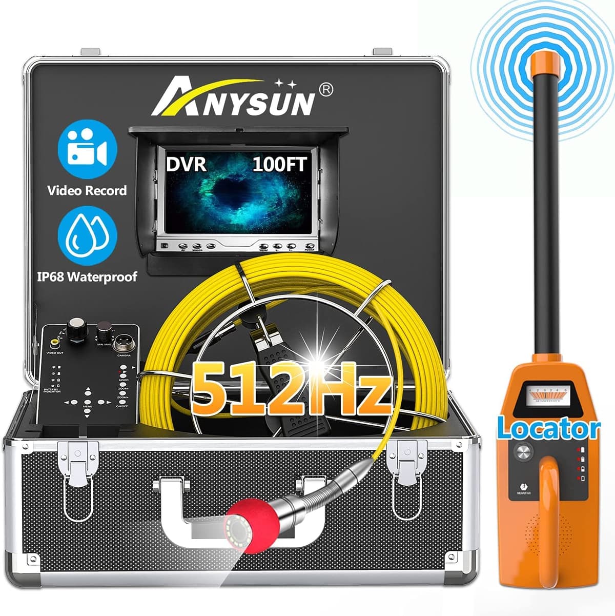 Anysun Cámara de Inspección de 100ft con Sonde 512Hz y Receptor, Monitor 7" DVR (Incluye 8GB) 7D1-512TR-DVR