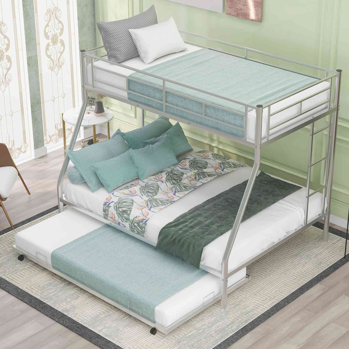 Cotoala Cama Litera Metal Twin sobre Full con trundle y marco de acero, plata 1