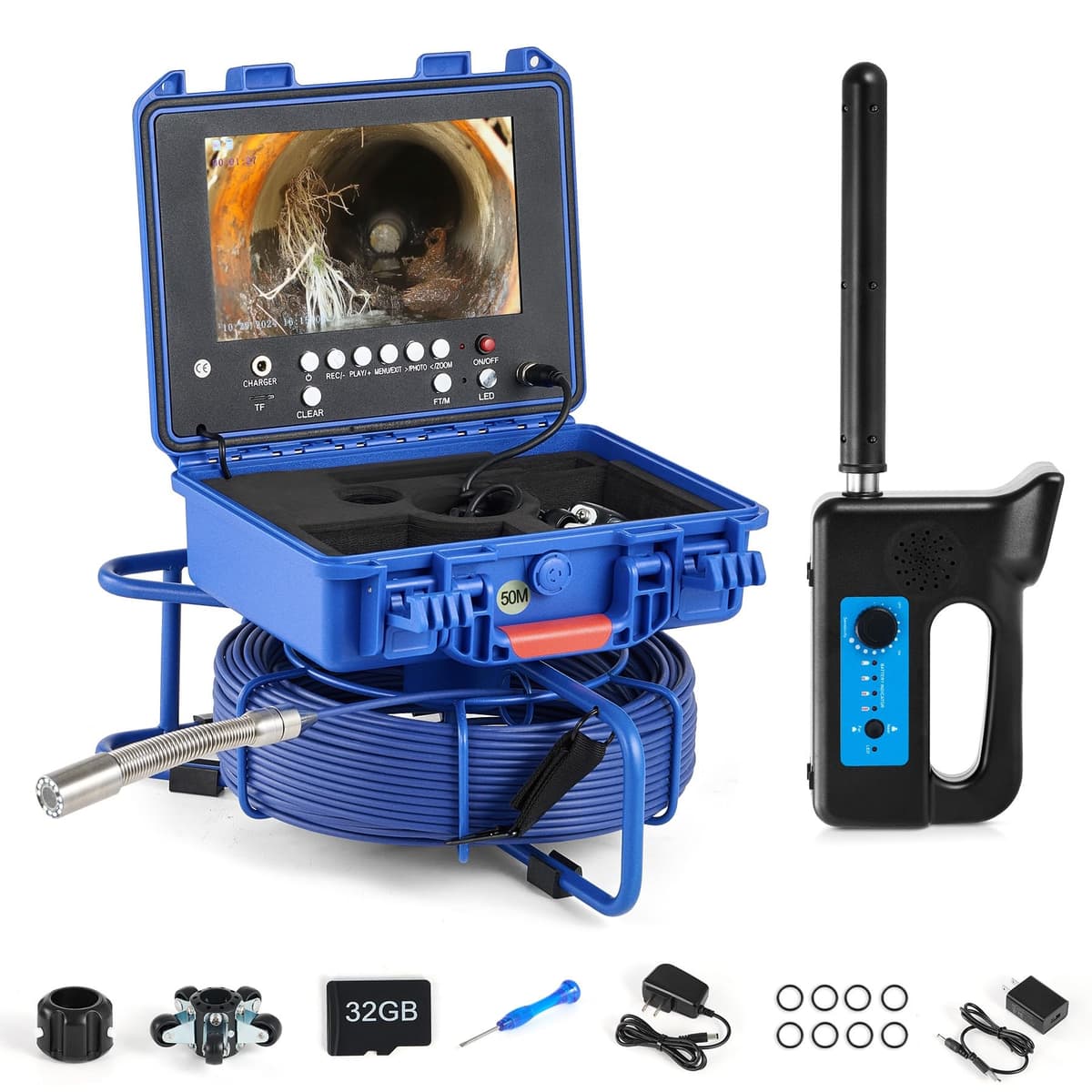 ZELCAN Cámara de Inspección de Cañerías con Localizador 165ft - Pantalla 9" LCD, IP68, 12 LEDs, transmisor 512Hz, tarjeta 32GB ISCS950