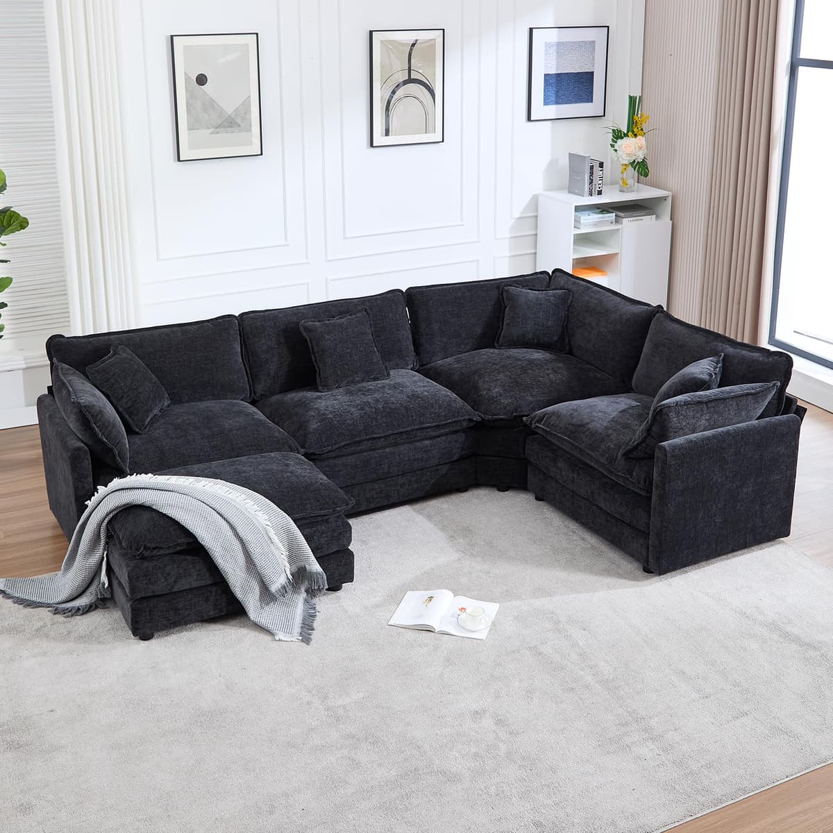 VEPXXP Sofá Seccional Modular Cloud, Chenille Moderno en L con Otomán y Almohadas, 5 plazas, Negro