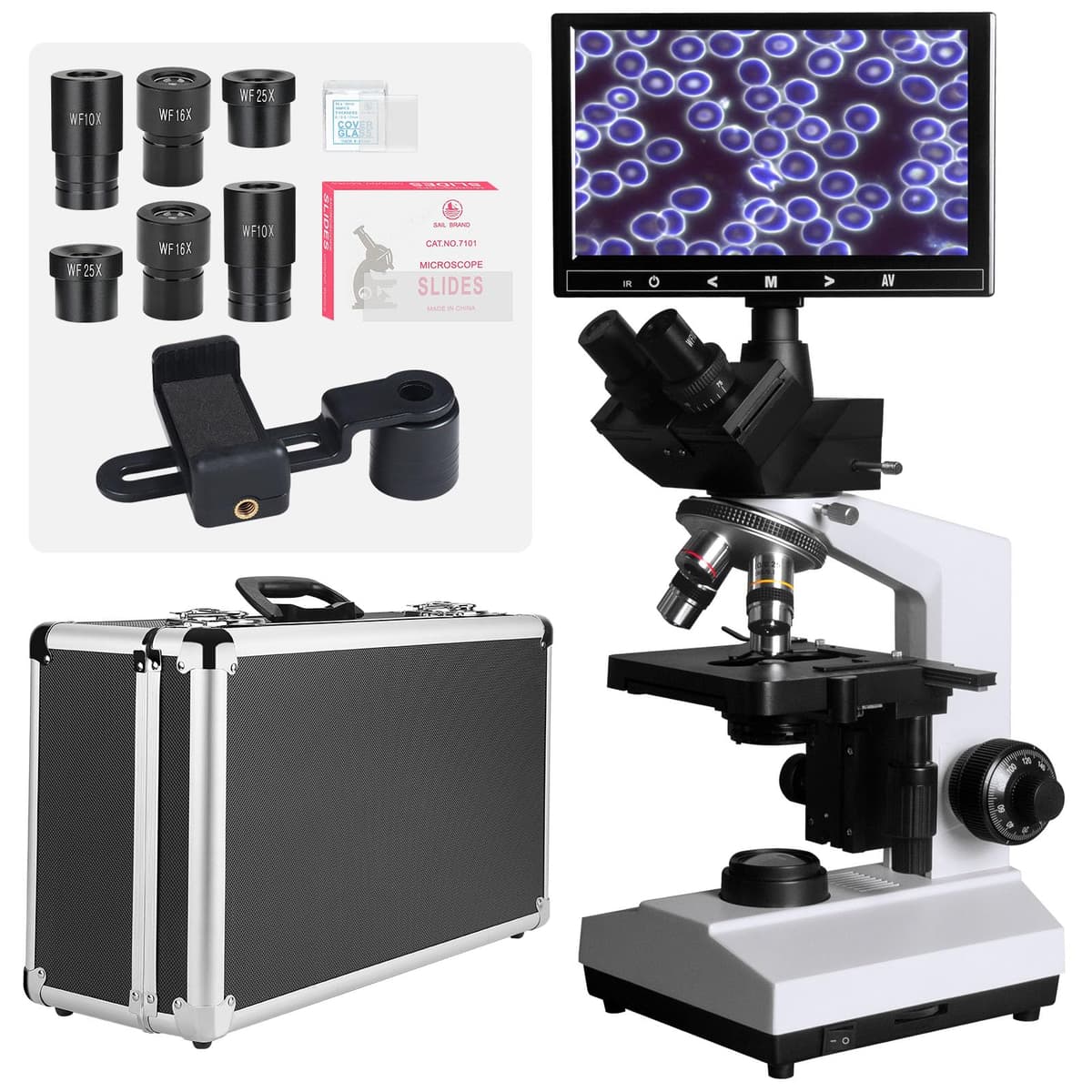 Microscopio compuesto trinocular Vabiooth DF/BF 40X-2500X con monitor 7" VB-M007-DFB-US