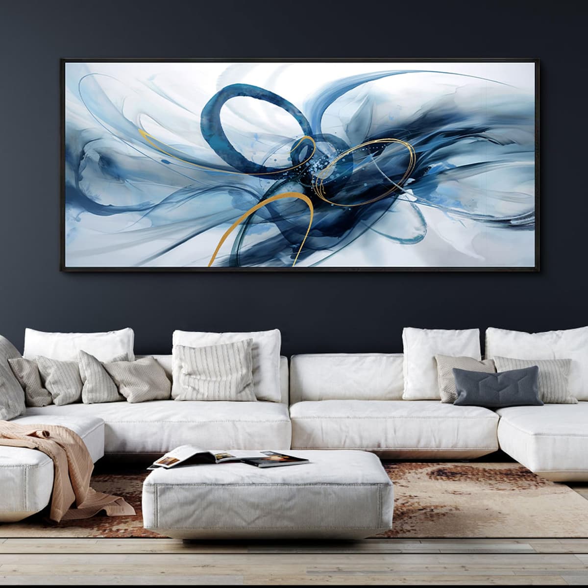 XLSJERST Decoración abstracta para sala - Lienzo moderno azul y blanco 86x39 pulgadas