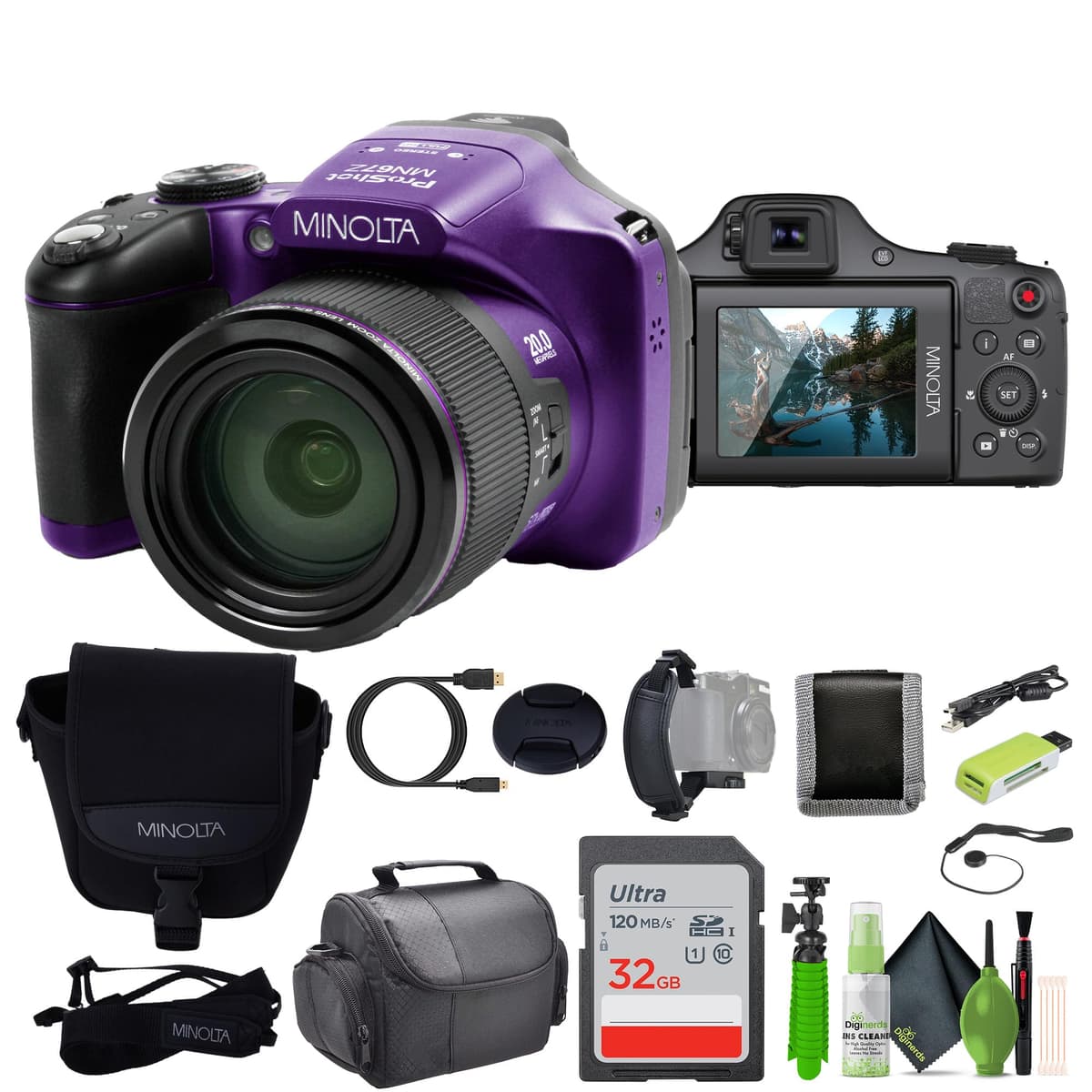 MINOLTA MN67Z Cámara Digital Bridge 20 MP / 1080P FHD con Zoom Óptico 67x (Púrpura) Paquete con Tarjeta de Memoria de 32GB + Bolsa para Cámara + Kit de Limpieza + Trípode para Vlogging + Accesorios MN67Z-P-AG2