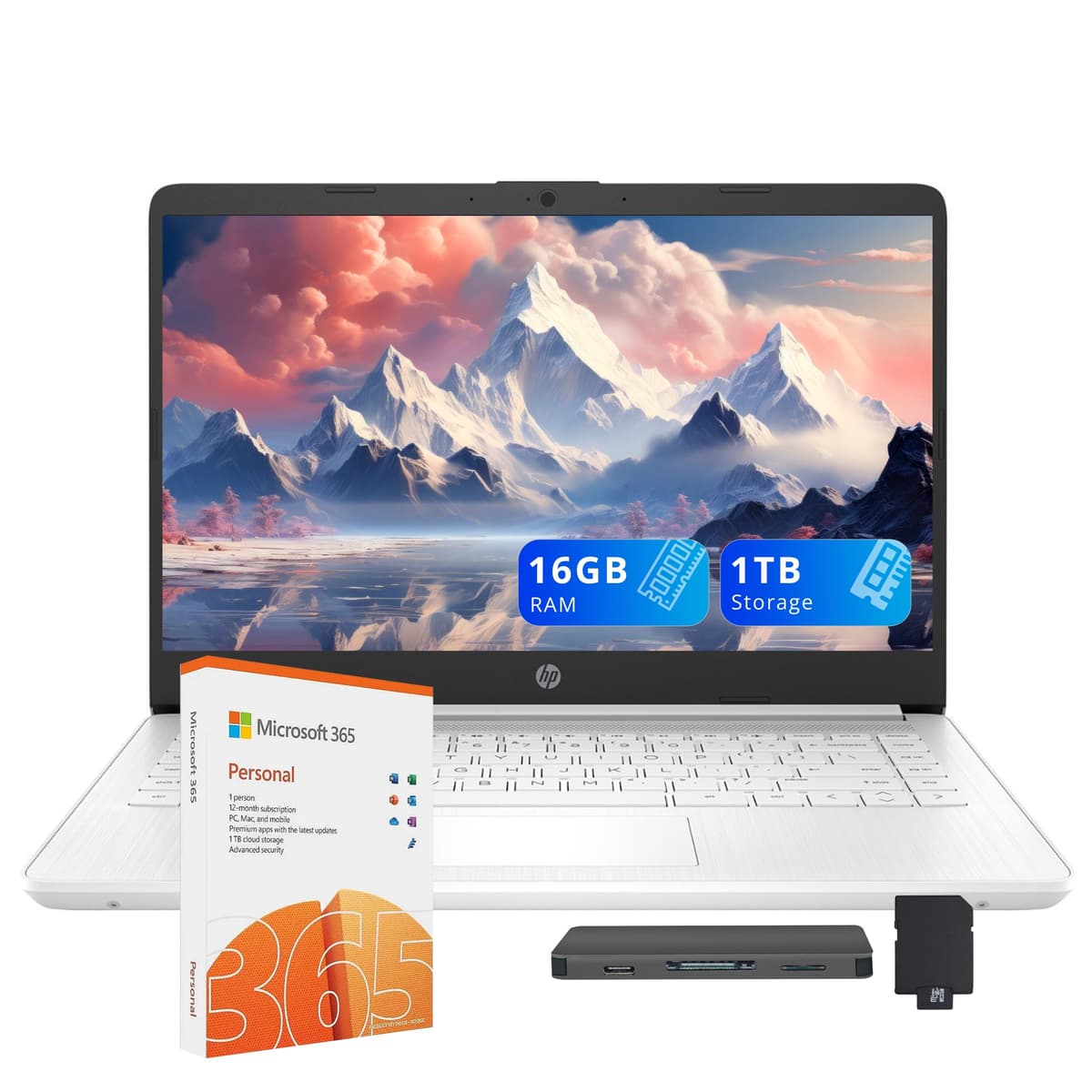 HP Stream 14″ HD para Estudiantes y Empresas, Procesador Intel Celeron, 16 GB RAM, 1 TB de Almacenamiento (64 GB eMMC + Set Estación de Acoplamiento 1 TB), Gráficos UHD, 1 Año de Office 365, Carga Rápida, Win 11, Blanco