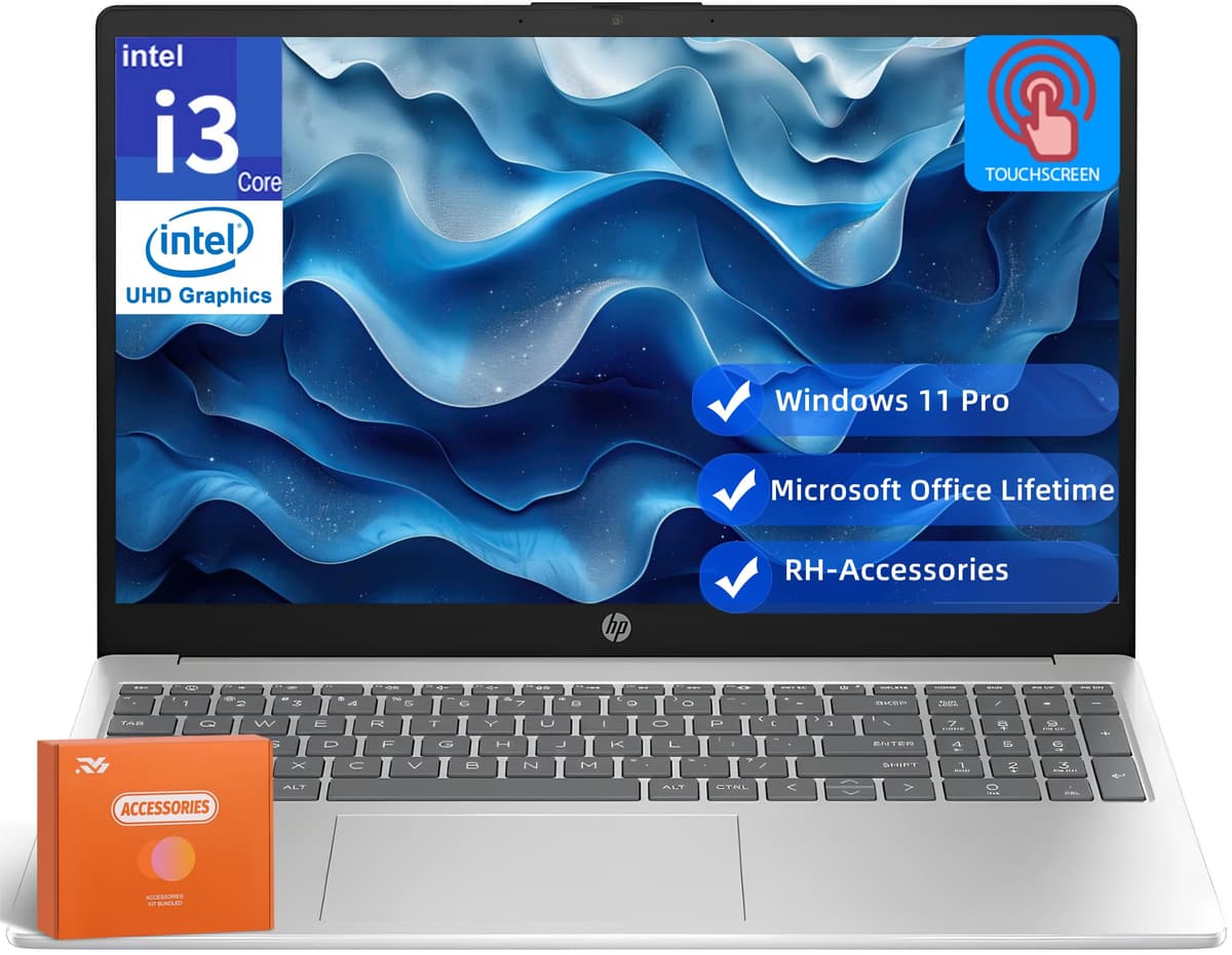 HP 15.6" Pantalla táctil, con licencia de Office Pro de por vida, Intel 12ª Gen Core i3-1215U (hasta 4.4 GHz), 32 GB RAM, 1 TB SSD, Gráficos Intel UHD, Antirreflejo, Windows 11 Pro, con accesorios
