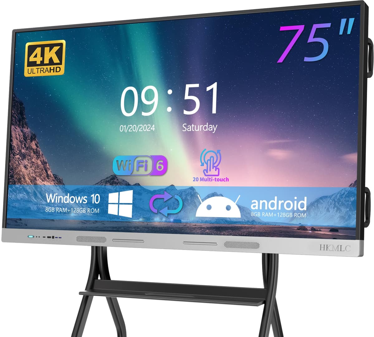Pizarra Inteligente HKMLC Smart Board Elite Dual 75 Pulgadas, Pizarra Interactiva 4K UHD con Sistema Dual Integrado Pantalla Táctil, Pizarra Digital Todo-en-Uno para Aula y Oficina (Montaje de Pared Incluido) 75 INCH