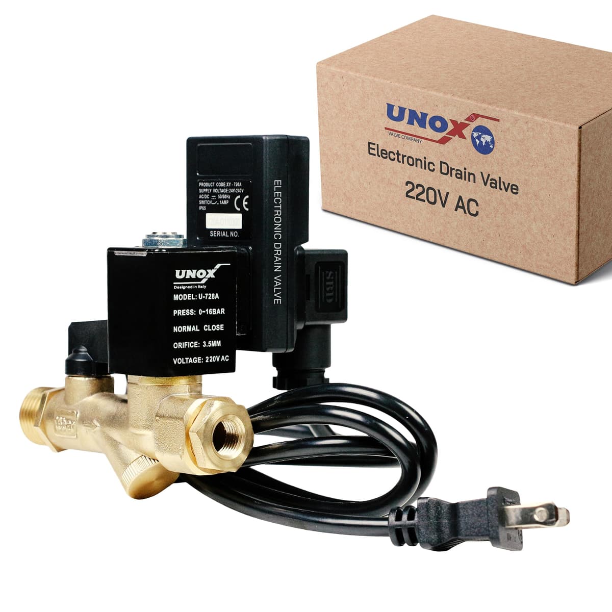 UNOX U-728A Válvula de drenaje electrónica temporizada - 1/2" a 1/4" NPT, 220V AC, paquete de 10