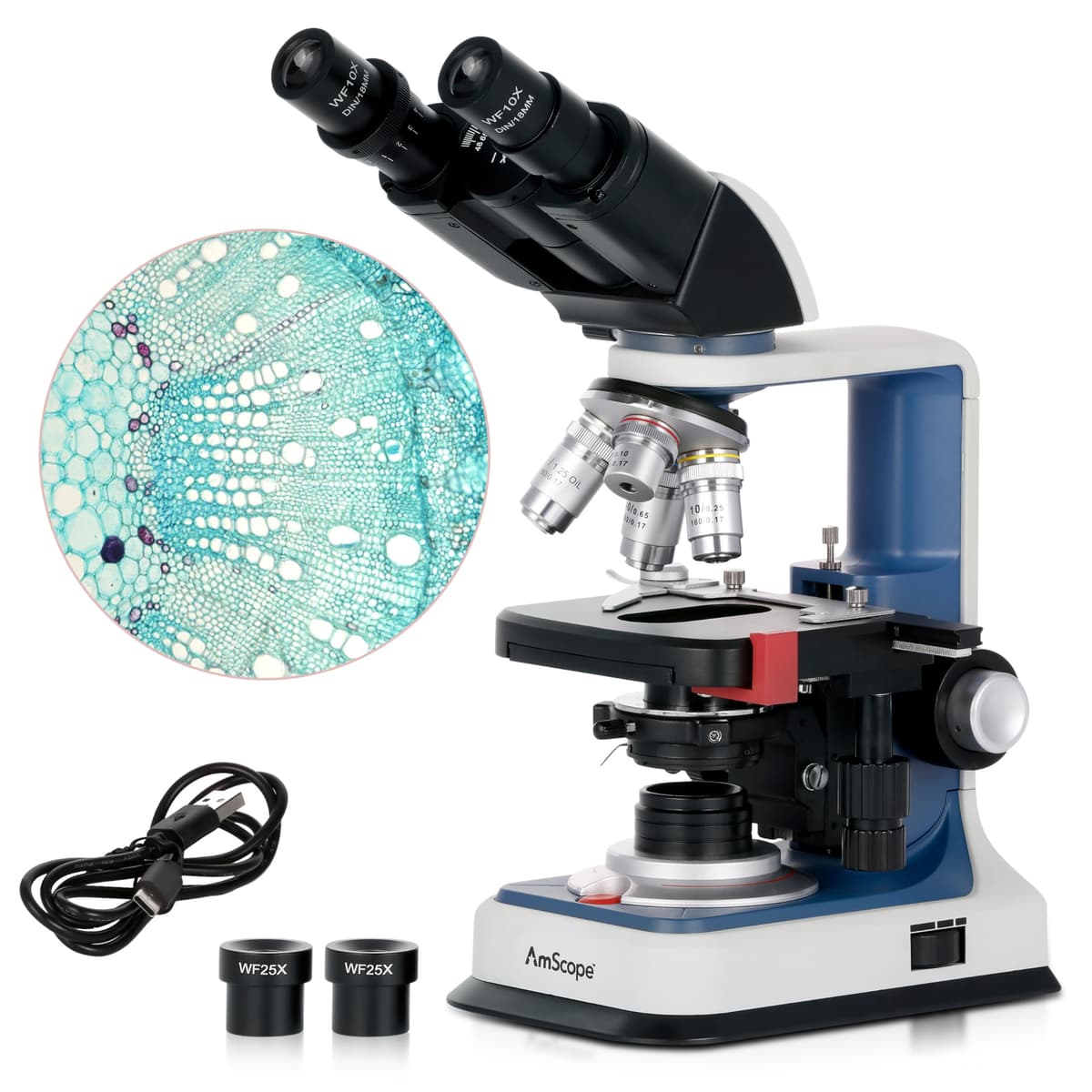 AmScope B120C-R Microscopio Compuesto Binocular para Estudiantes 40X-2500X con Batería Recargable USB-C, Platina Mecánica 3D de Dos Capas, Objetivos Acronáticos y Iluminador LED