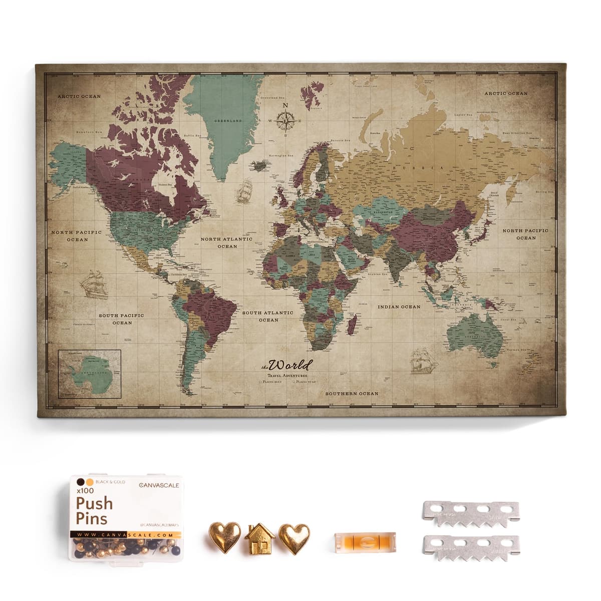 CANVASCALE Mapa mundial en lienzo con corcho para pins - Letras en inglés (150x100 cm, Patrón 12) world_map_new_150x100_12