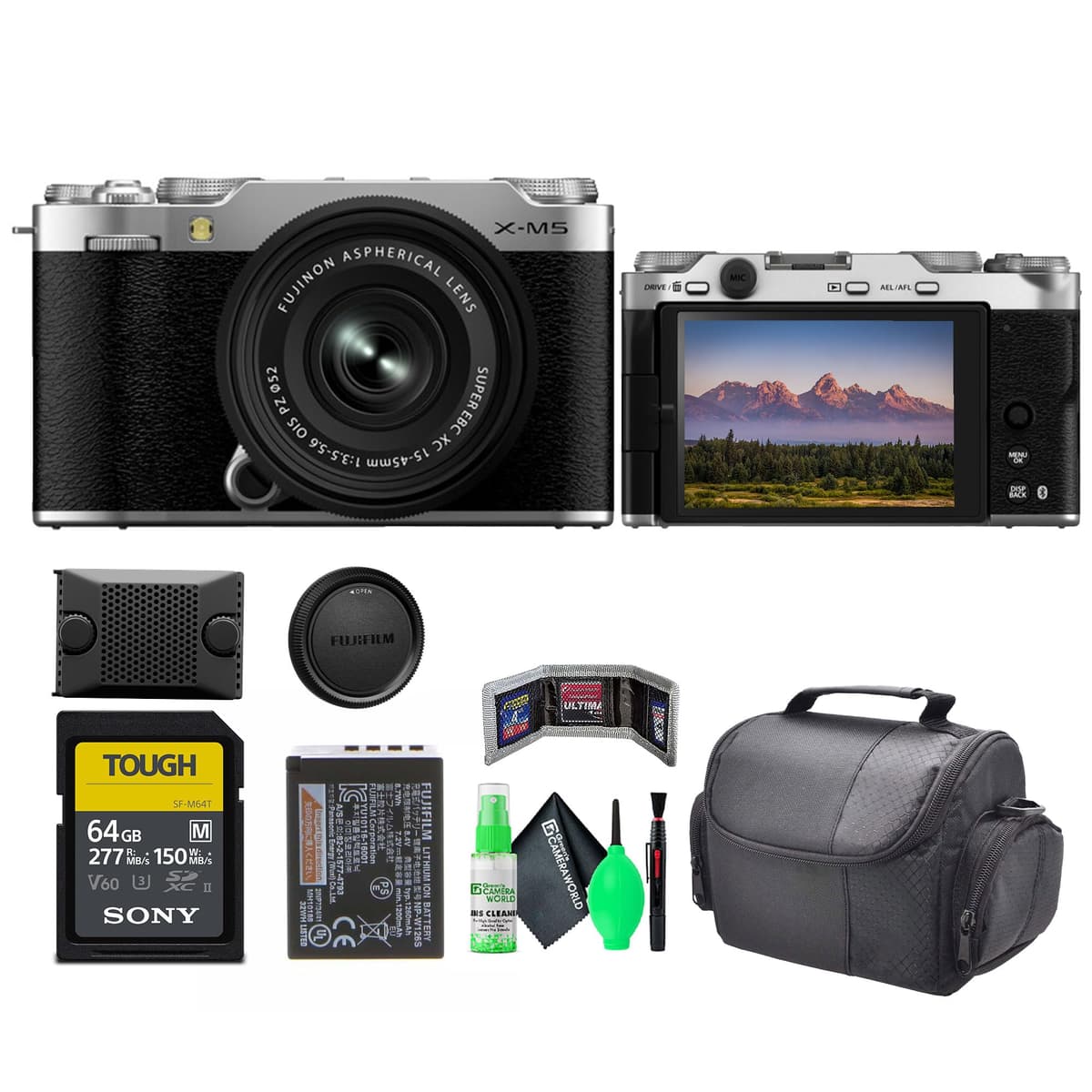 Fujifilm X-M5 Mirrorless Camera con lente XC 15-45mm (Plata) - Bundle con 64GB SF-M Tough UHS-II, kit de limpieza y travel bag 16900771-AG2-1G
