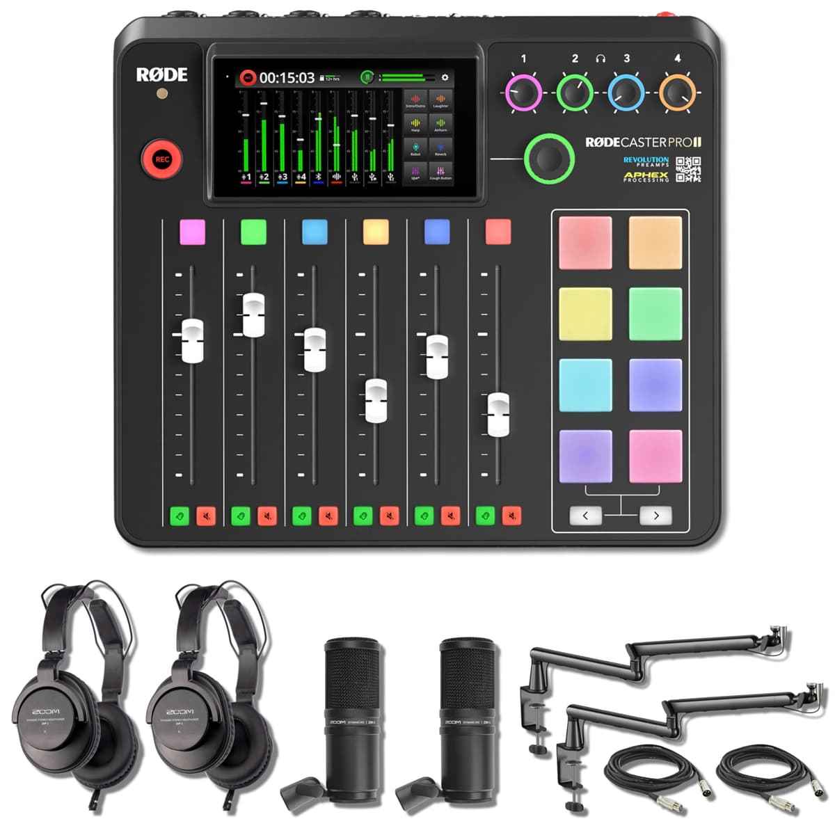 RODECaster Pro II Bundle para 2 personas con micrófonos dinámicos Zoom ZDM-1 y brazos StreamEye LowPro Rodecaster Pro 2