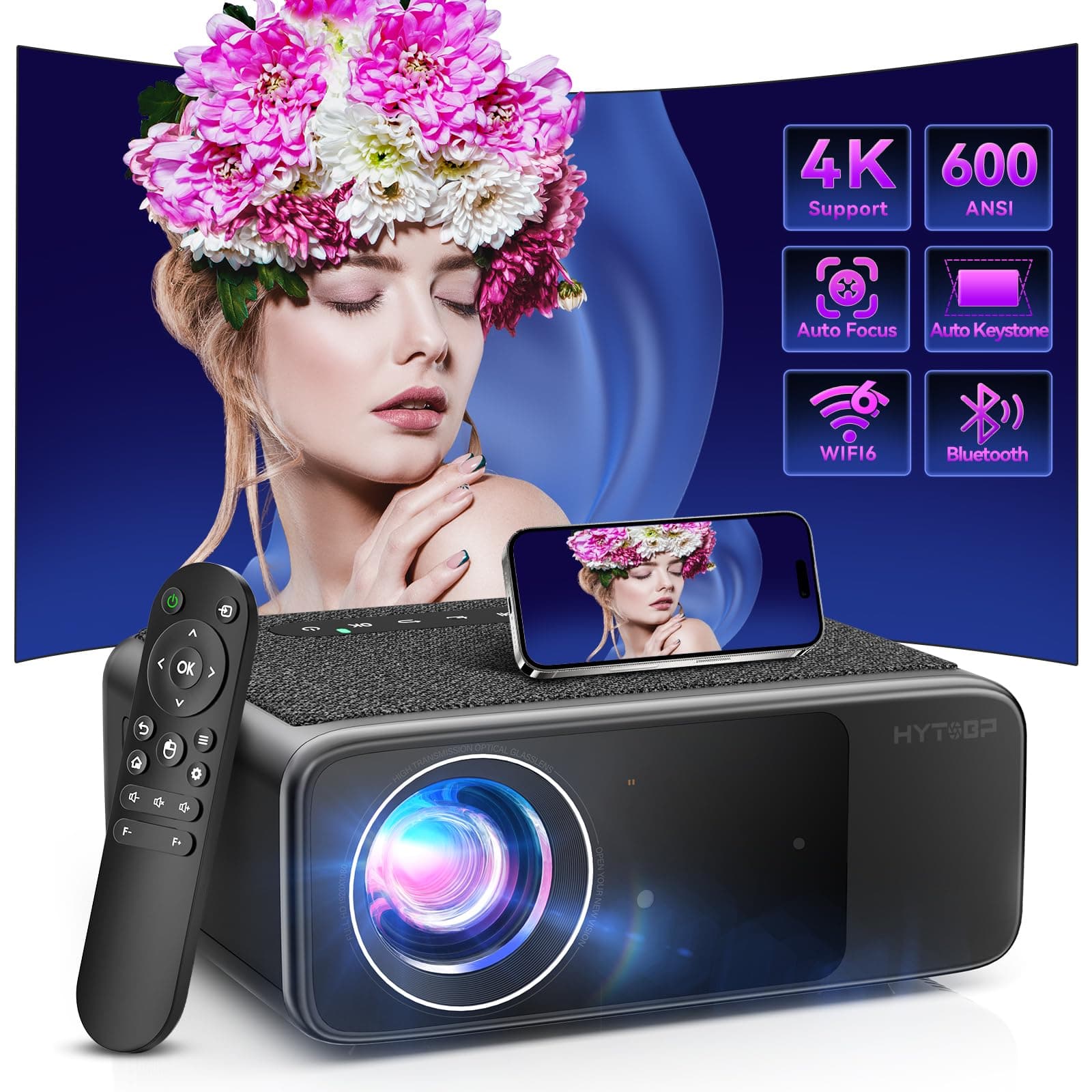 HYTOBP LT2 - Proyector 600 ANSI, Native 1080P, WiFi 6 y Auto 6D Keystone M1
