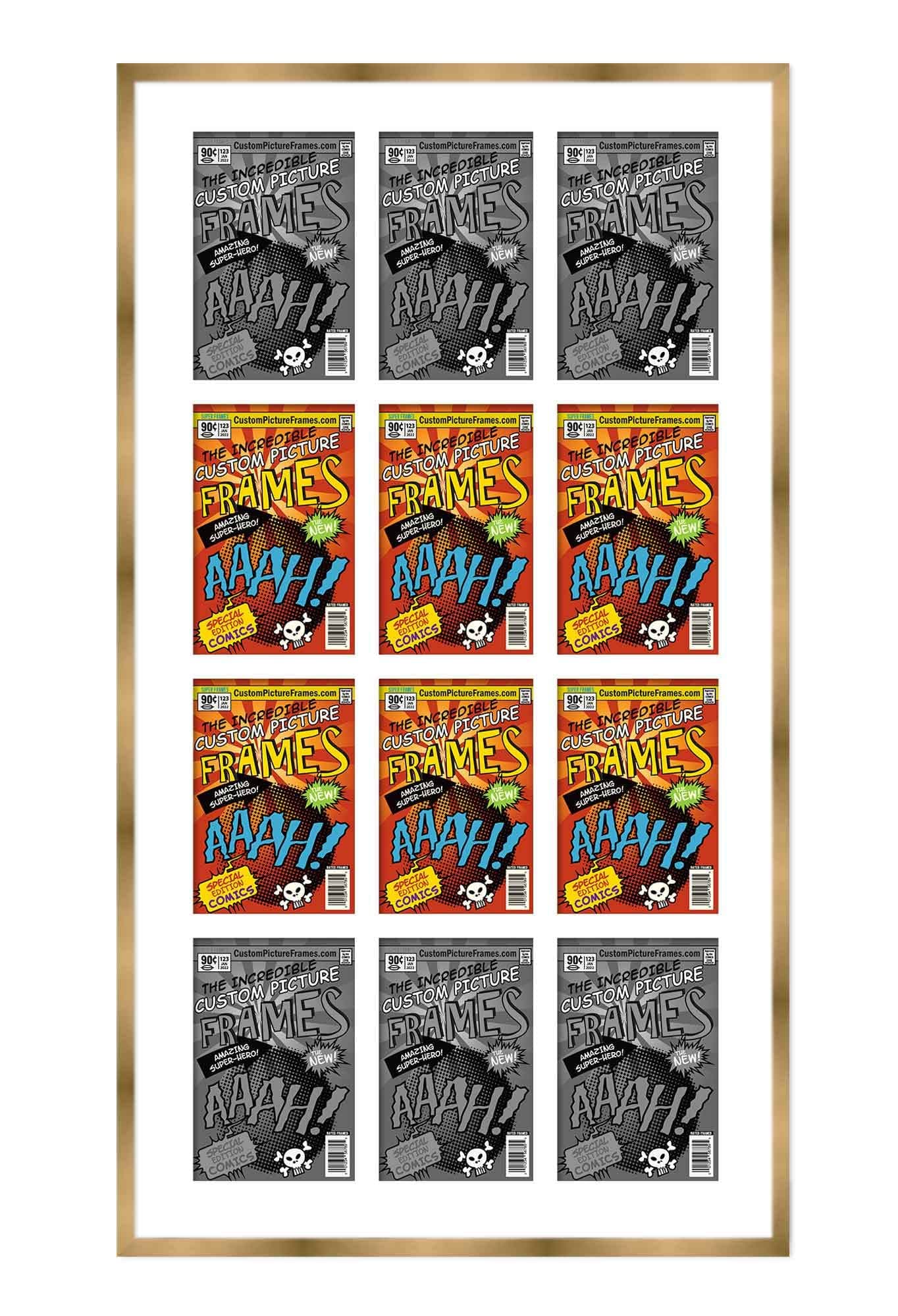 CustomPictureFrames.com Marco Collage para 12 Cómics Oro con Paspartú Blanco F9932_29x50.5_COM-161