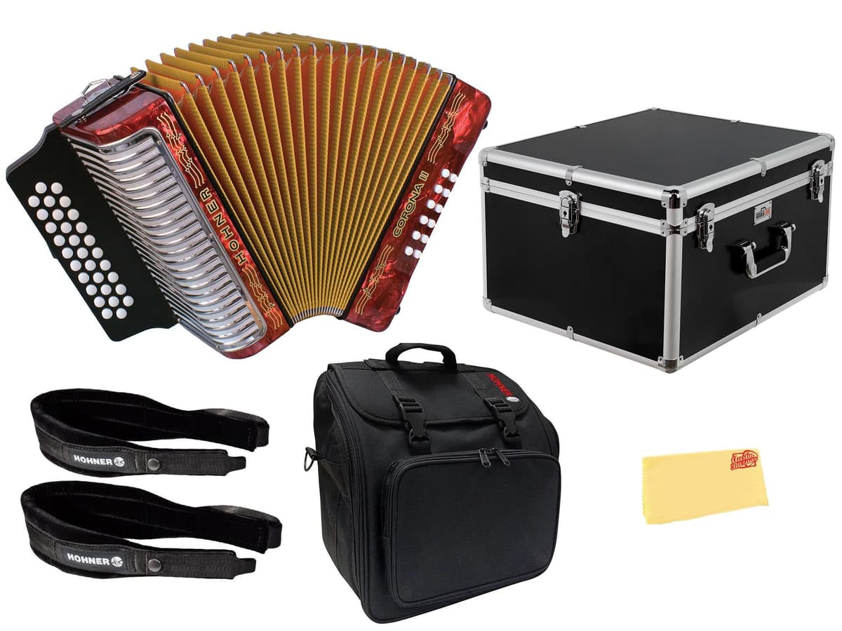 Hohner Corona II F/Bb/Eb Accordion - Pearl Red Bundle con estuche rígido, gig bag, correas y paño de pulido AUS-3500FR-2022-COMBO-PRO