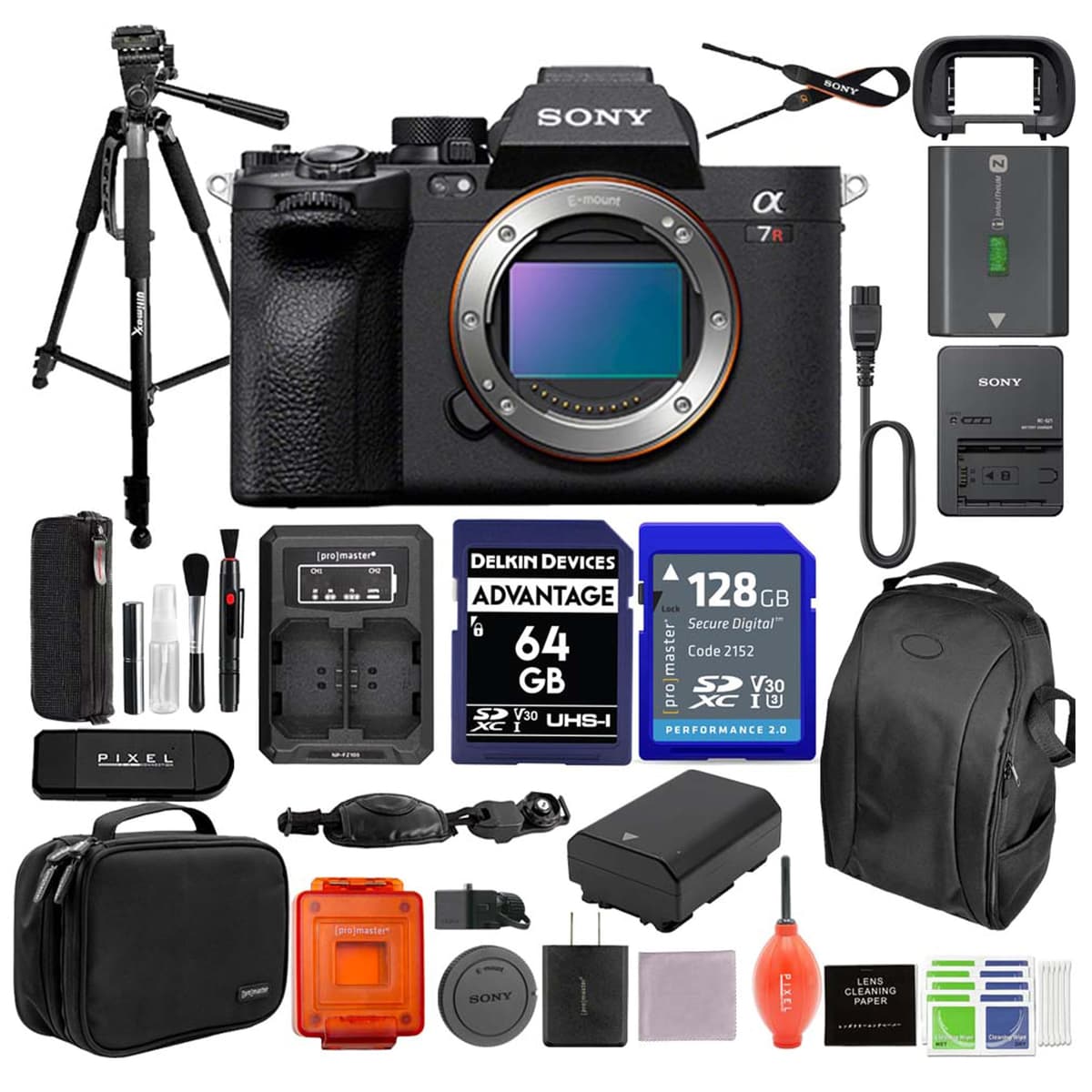 Sony a7R V Cámara mirrorless full-frame (ILCE7RM5/B) - Bundle con batería extra, trípode, mochila y 128GB SD