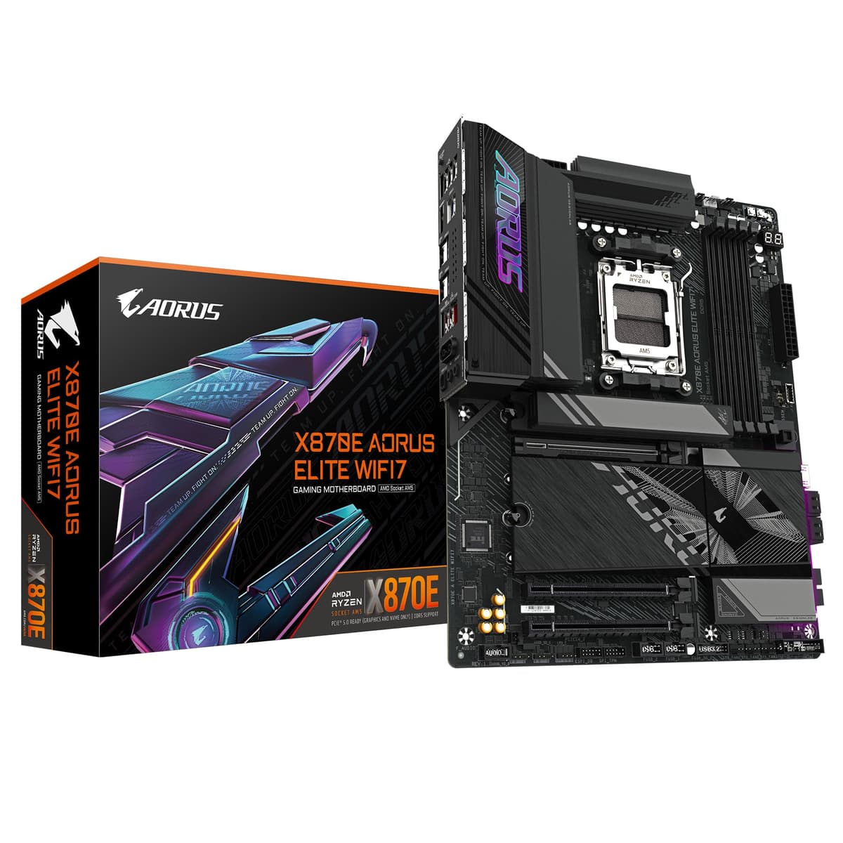 GIGABYTE X870E AORUS Elite WIFI7 Placa Madre - Compatible con CPUs AMD Ryzen 9000, VRM Digital 16+2+2 Fases, hasta 8000Hz DDR5 (OC), 4x PCIe 5.0 + 4x M.2, Wi-Fi 7, LAN 2.5GbE, USB 3.2 Gen 2x2 X870E A ELITE WIFI7