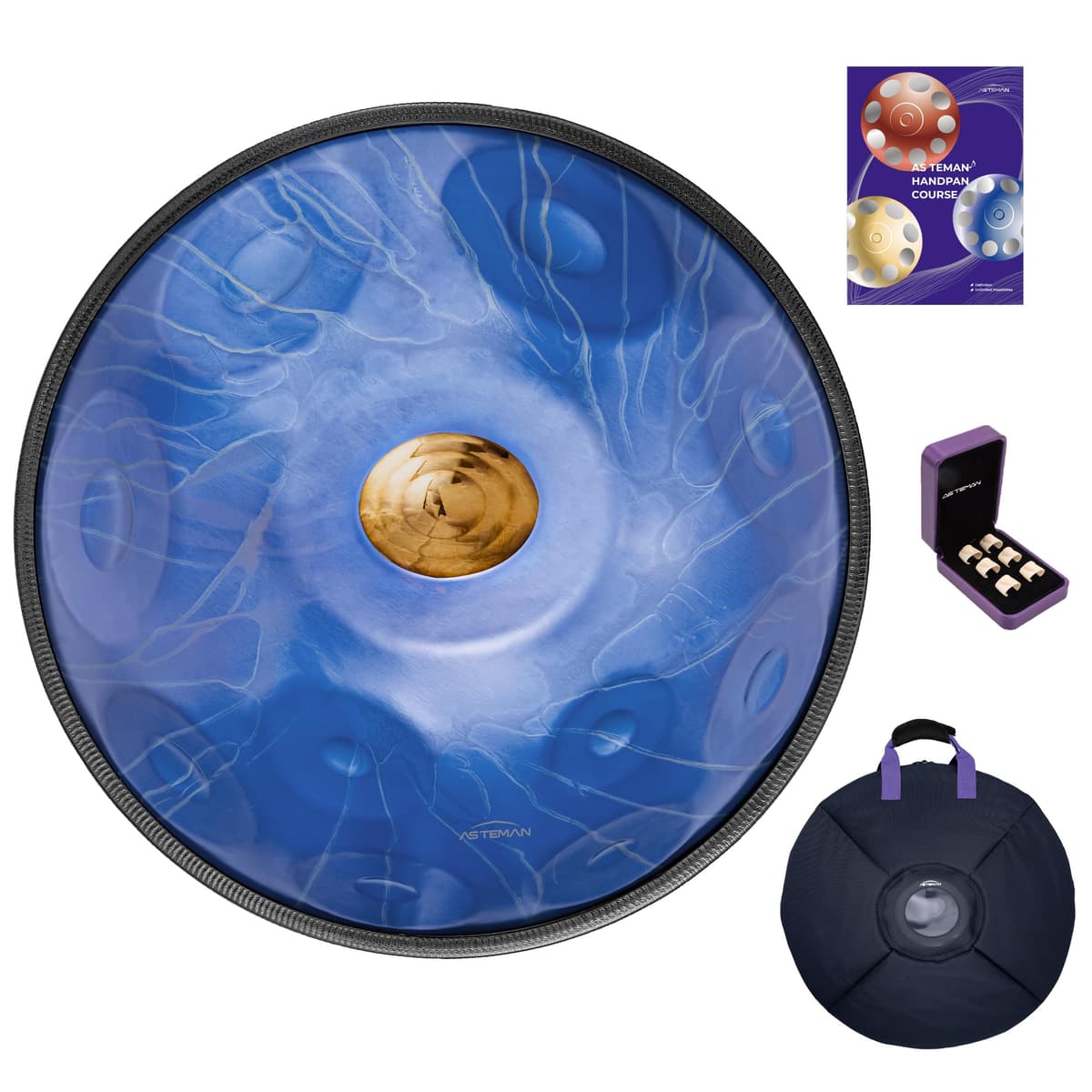Handpan ASTEMAN en Re menor, 22 pulgadas con 11 notas, incluye mochila, cursos, protectores de dedos, soporte, paño de limpieza y dos mazas. (Azul, 432 Hz)