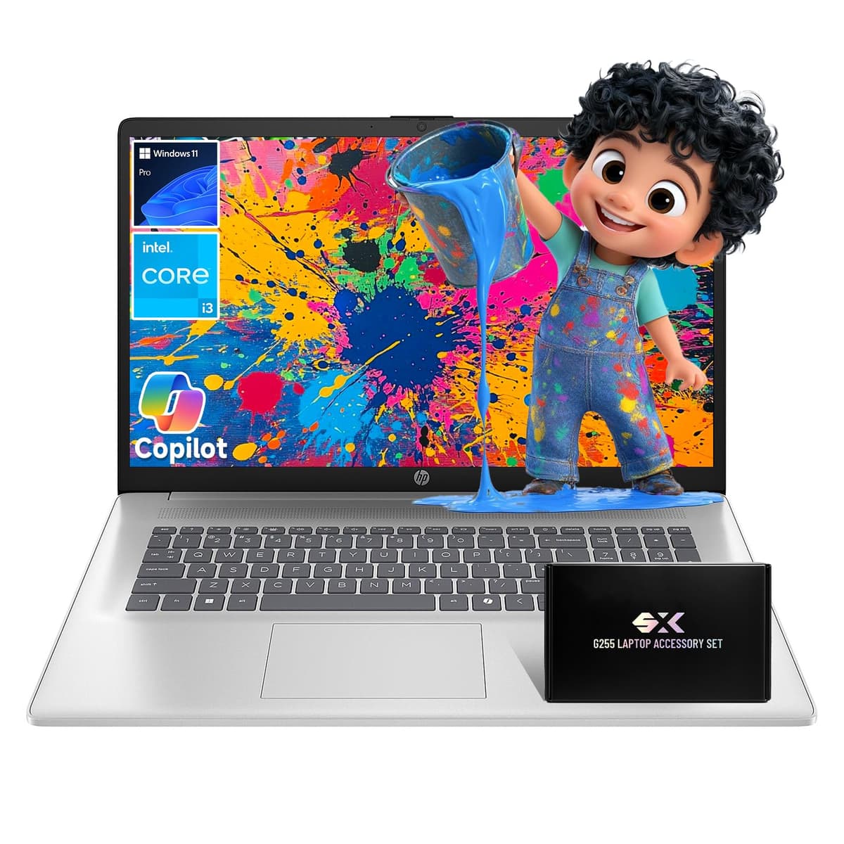 HP 17 portátil para negocios y estudio, procesador Intel i3 de 8 núcleos, pantalla 17.3" HD+ antirreflejo, 32 GB RAM, SSD 2 TB, Windows 11 Pro, AI Copilot, teclado numérico, hasta 9 horas, carga rápida, kit de accesorios para portátil Intel Core i3-N305