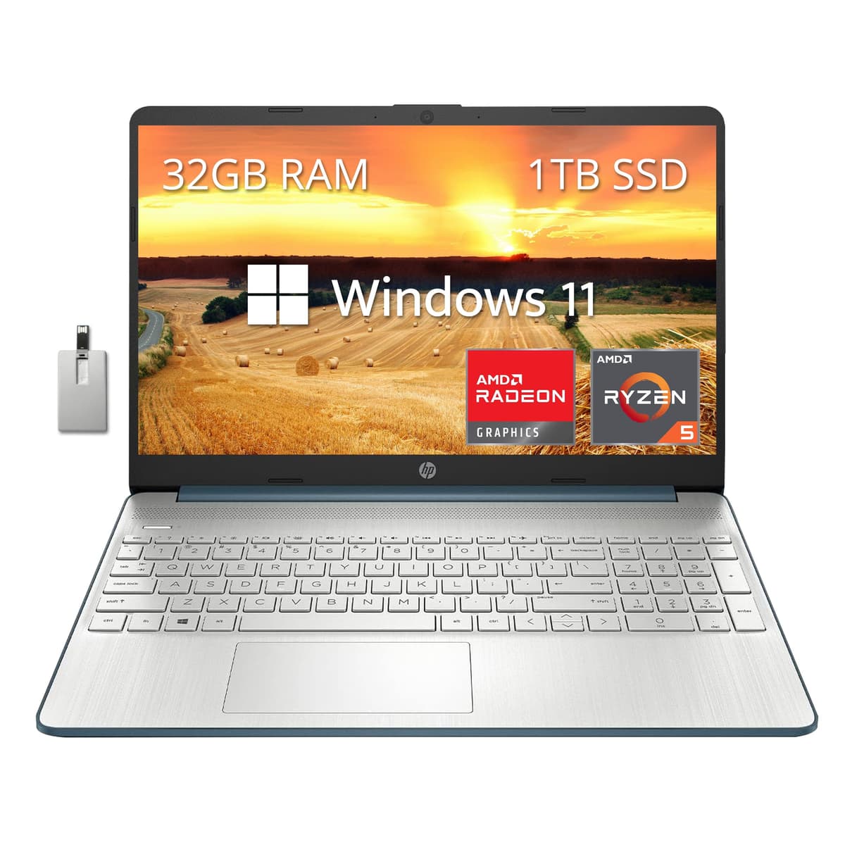 HP Laptop 15,6" FHD, Procesador AMD Ryzen 5-5500U, Gráficos AMD Radeon, 32 GB RAM, SSD PCIe 1 TB, Webcam HD, Bluetooth, Wi-Fi, Windows 11, Azul, Tarjeta USB Hotface 32 GB