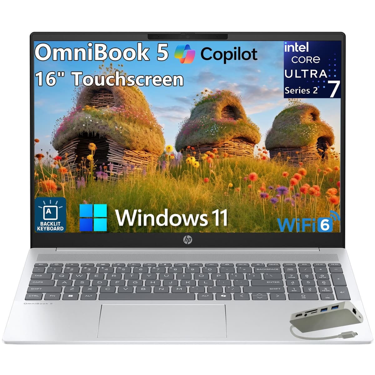HP OmniBook 5 portátil de 16" con pantalla táctil FHD+, PC Next Gen AI, Intel 12 núcleos Ultra 7 255U, 16GB LPDDR5X, 1TB SSD PCIe, Wi-Fi 6, Bluetooth 5.4, teclado retroiluminado, Windows 11 Home, hub Type-C