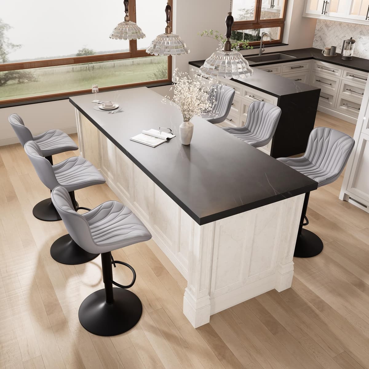 YOUNIKE Set de 6 taburetes de bar grises giratorios, altura ajustable, respaldo y asiento acolchado de piel sintética