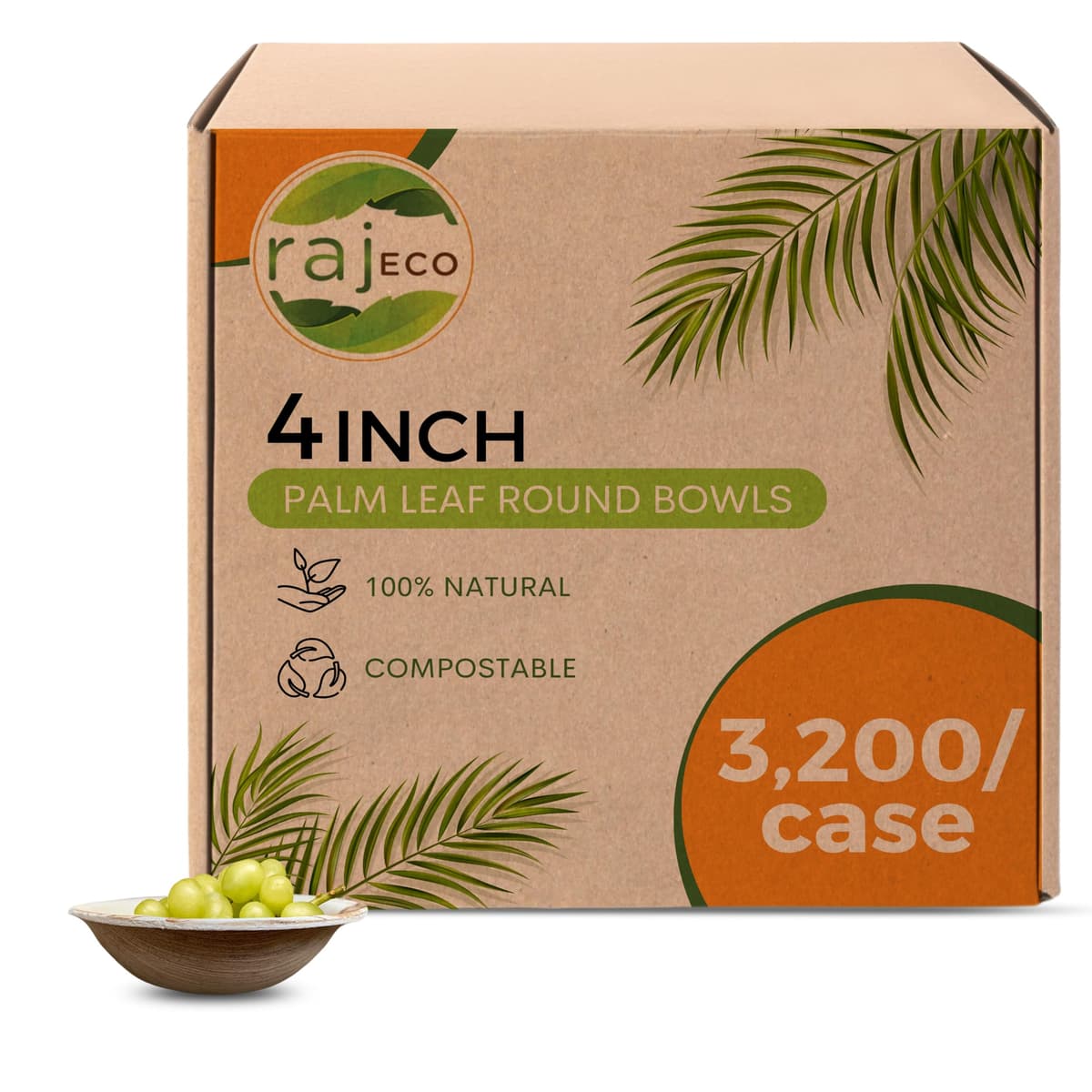 Raj Palm Leaf Bowls 4" - Pack x200 (Total 3200 en 16 cajas) Compostables