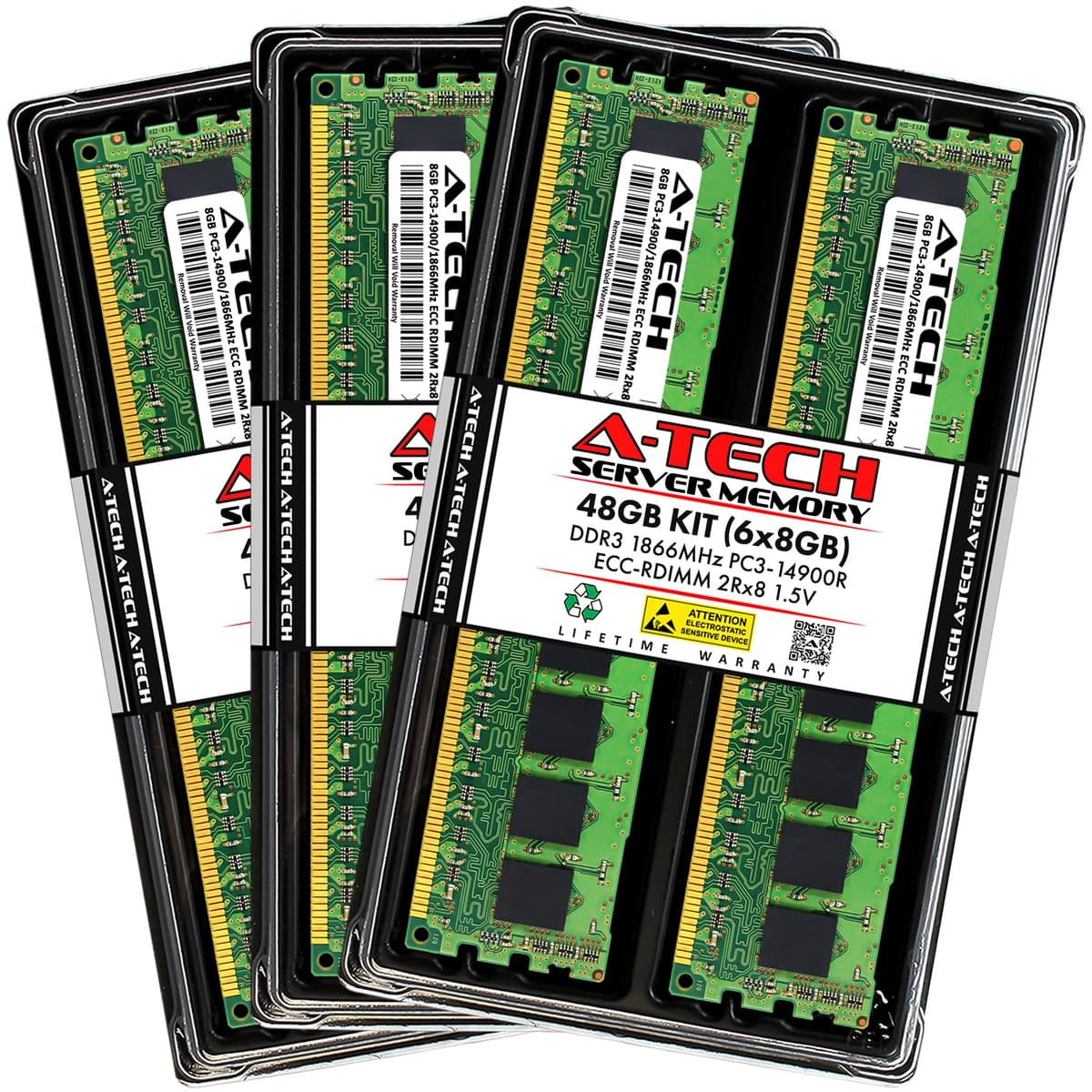 Kit A-Tech 48GB (6x8GB) DDR3 1866MHz PC3-14900R ECC RDIMM 2Rx8 Doble Rango 1.5V DIMM Registrado de 240 Pines Módulos de Memoria RAM para Servidor (Serie Enterprise A-Tech) AT8G6D3D1866RD8N15V