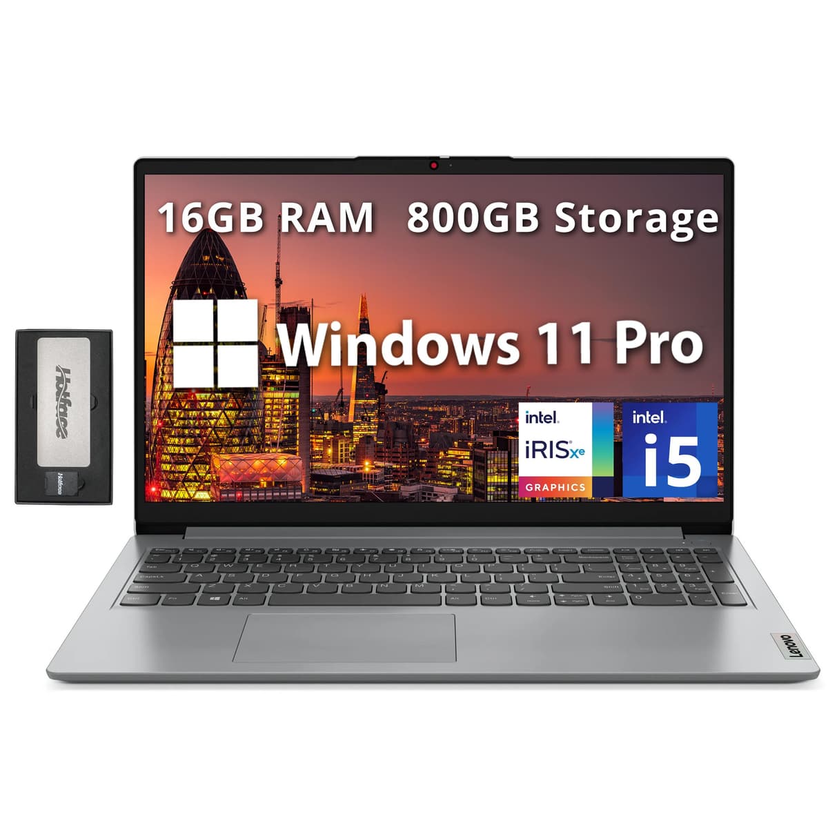 Lenovo IdeaPad 1i 15.6" FHD Laptop Empresarial, Intel i5-1235U, 16GB RAM, 800GB Almacenamiento (512GB SSD + 288GB Kit de Estación de Acoplamiento), Gráficos Intel Iris Xe, Teclado Numérico, Webcam 720p, WiFi 6, Windows 11 Pro, Gris
