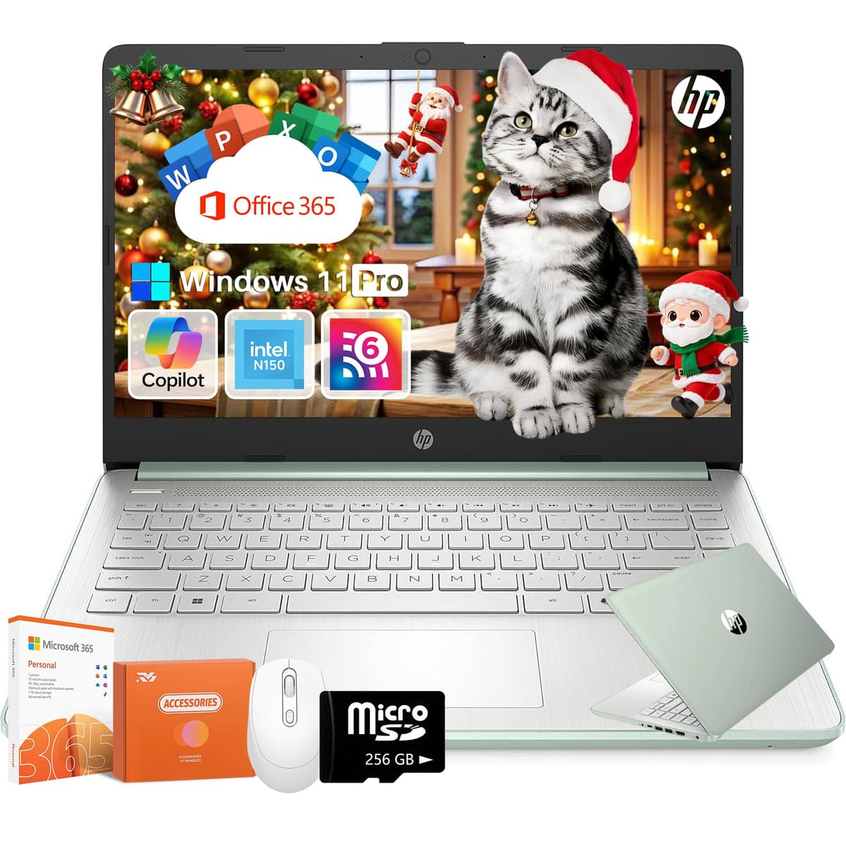 HP Laptop de 14 pulgadas, Procesador Intel N150, 16GB RAM, 384GB Almacenamiento (128GB eMMC + 256GB MSD), Gráficos Intel, Copilot AI, Windows 11 Pro, Wi-Fi 6, Cámara HD, 1 Año Microsoft 365, para Estudiante/Negocio