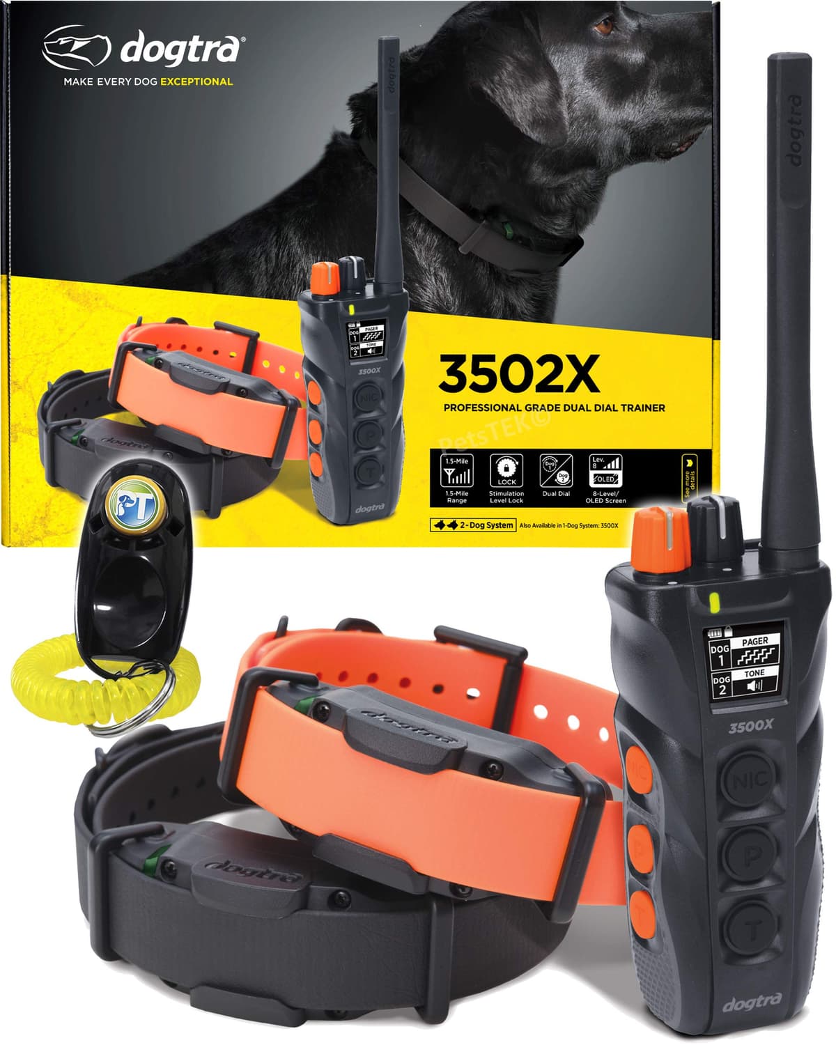 Collar de Entrenamiento Remoto Dogtra 3502X - Rango de 1.5 Millas - 2 Perros, Estático, Vibración, Tono Audible, Impermeable, Collar Eléctrico para Entrenamiento Avanzado y de Caza de Perros Pequeños, Medianos y Grandes AA