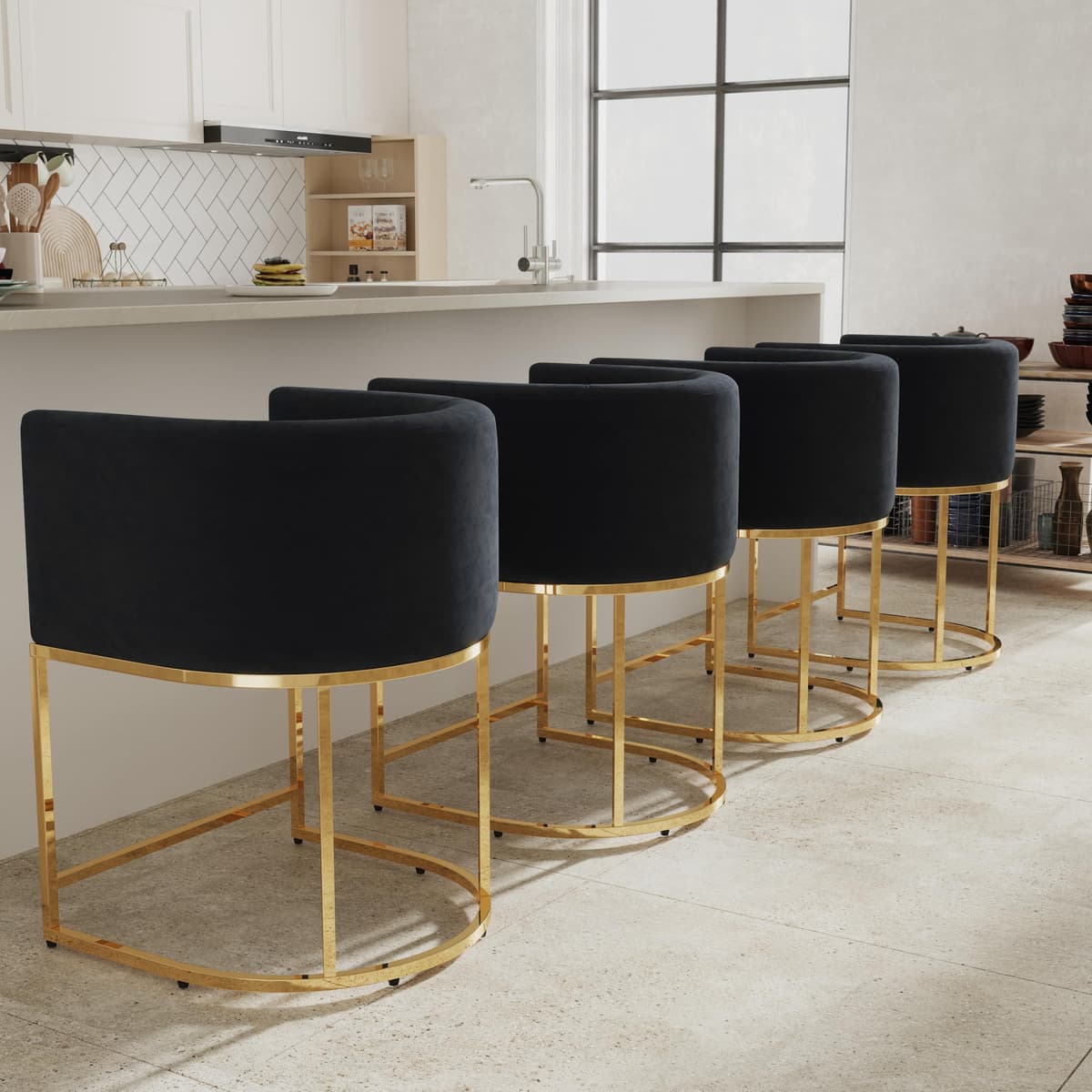 RIVOVA Set x4 Taburetes de barra Velvet Negro 24" tapizados, base metálica dorada
