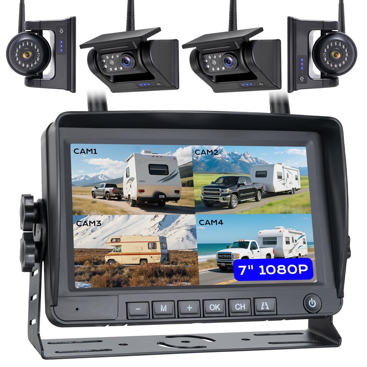 WOOCARTY Sistema de Cámara de Retroceso Inalámbrica Magnética para RV 1080P 7", 2 Cámaras Traseras + 2 Cámaras Laterales para Retroceso/Monitoreo de Remolque o Camper, Monitor DVR 1080P, 4 Cámaras RV Impermeables con Visión Nocturna IR de 9600 mAh cada una