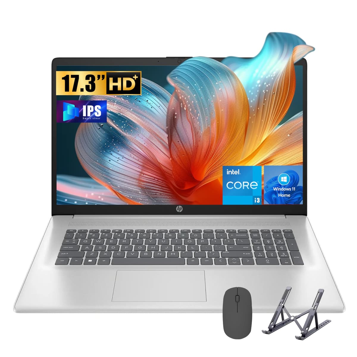 HP 17 Portátil, Intel Core i3 N305, 8 núcleos, 32 GB RAM, 1 TB SSD, pantalla HD de 17.3", teclado numérico, cámara 720p, larga duración de batería, Windows 11 Home, accesorios Alpacatec, plateado