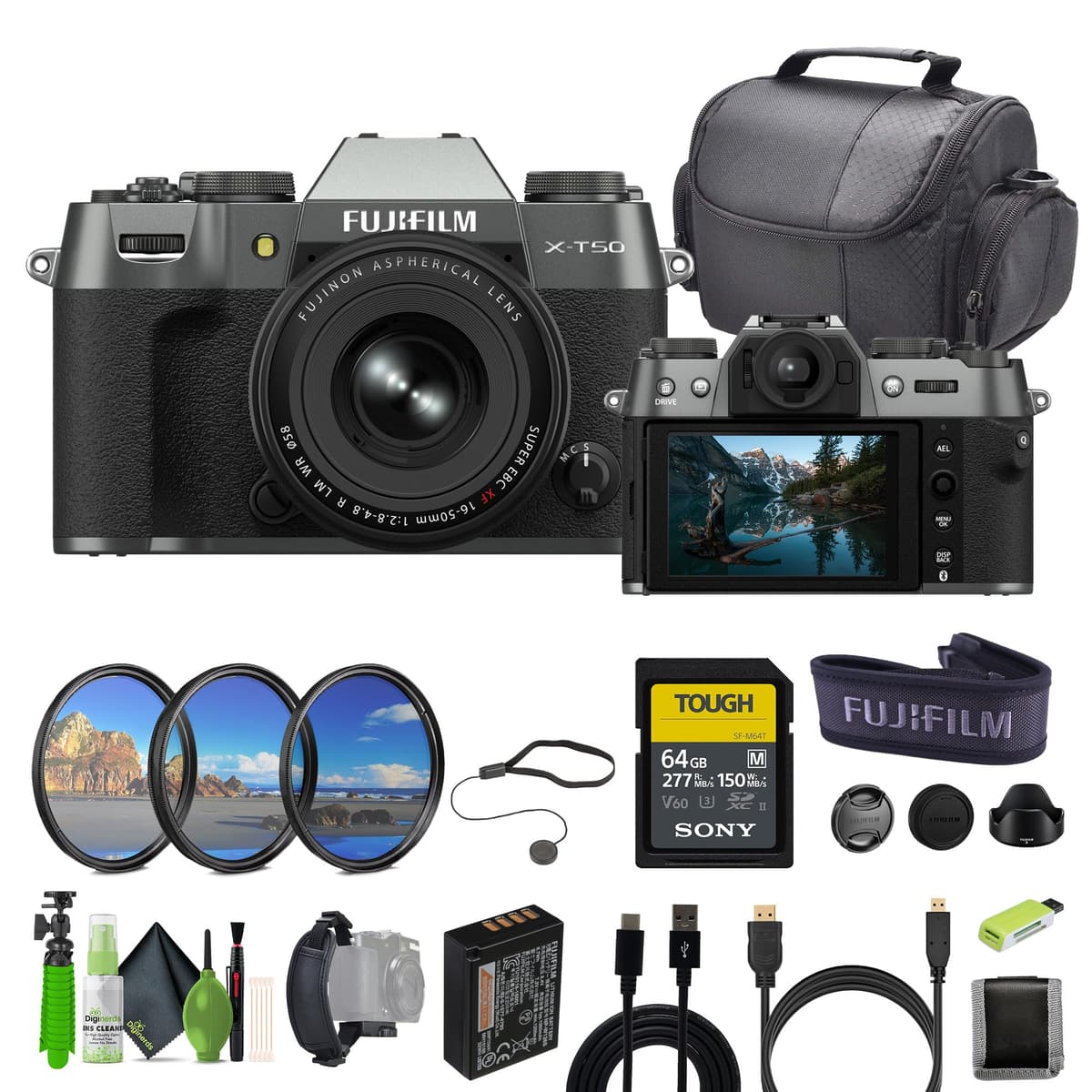 Fujifilm X-T50 Mirrorless con lente XF16-50mm f/2.8-4.8 (Charcoal Silver) + 64GB UHS-II y accesorios 16828686-AG2