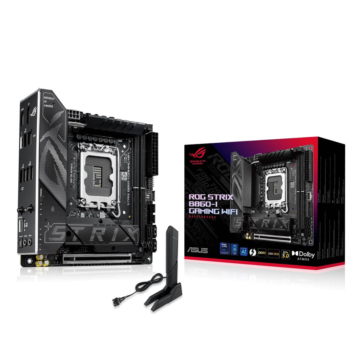 ASUS ROG Strix B860-I Gaming WiFi, placa madre Mini-ITX, preparada para PC con IA avanzada, alimentación 10+1+2 etapas, DDR5, PCIe 5.0, dos ranuras M.2, WiFi 7, ASUS AI Advisor, AI Networking II 90MB1JB0-M0EAY0