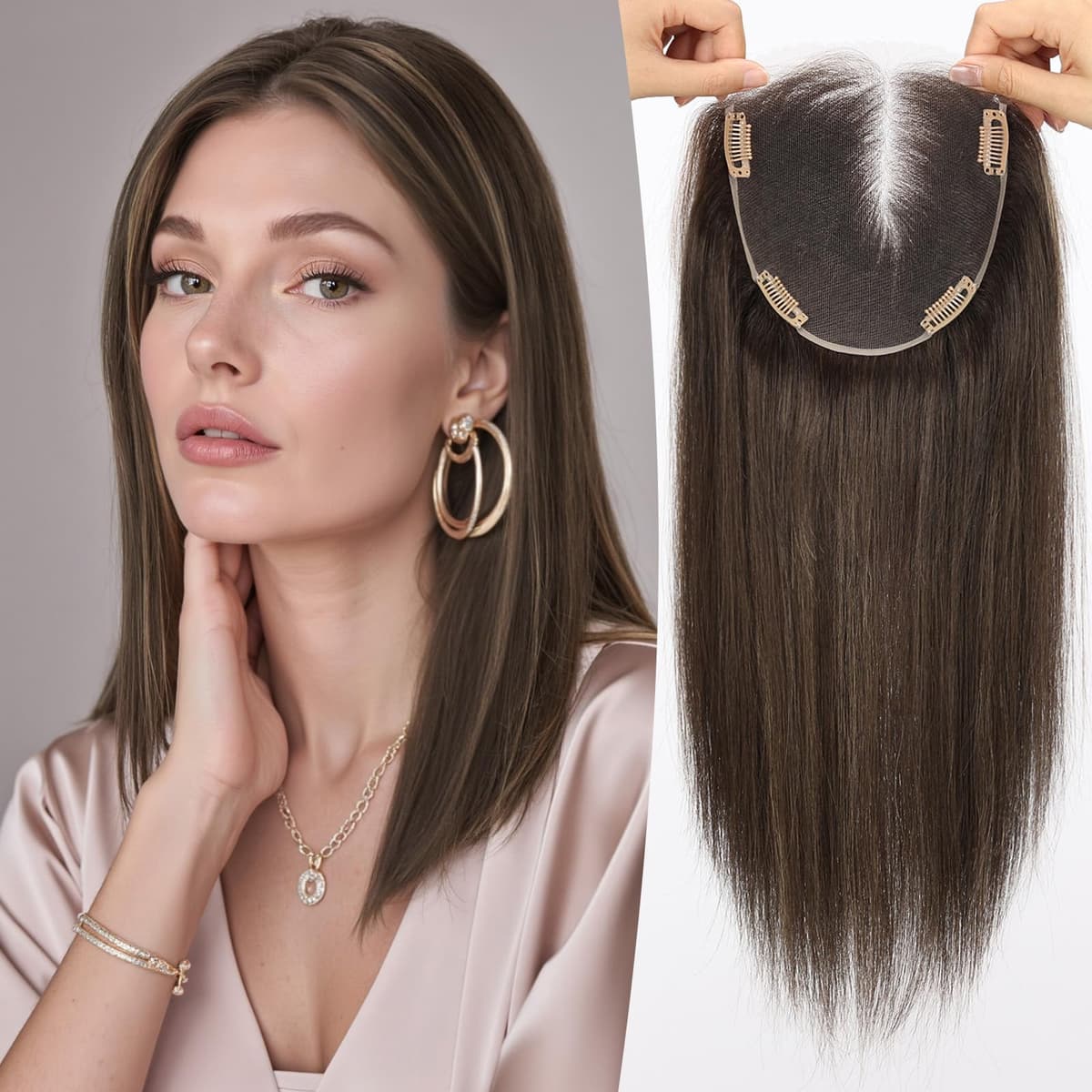 Topart topper 6×6 de 14" mano a mano con lace front, cabello humano Remy (Dark Brown Highlights) HTFM9004-4BR14