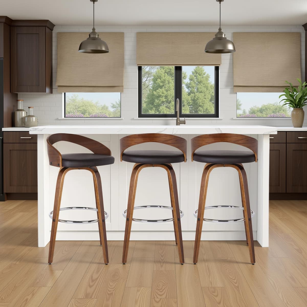 Armen Living Sonia Set de 4 taburetes giratorios 26" en cuero sintético marrón y madera nogal LCSOBABRWA264PC