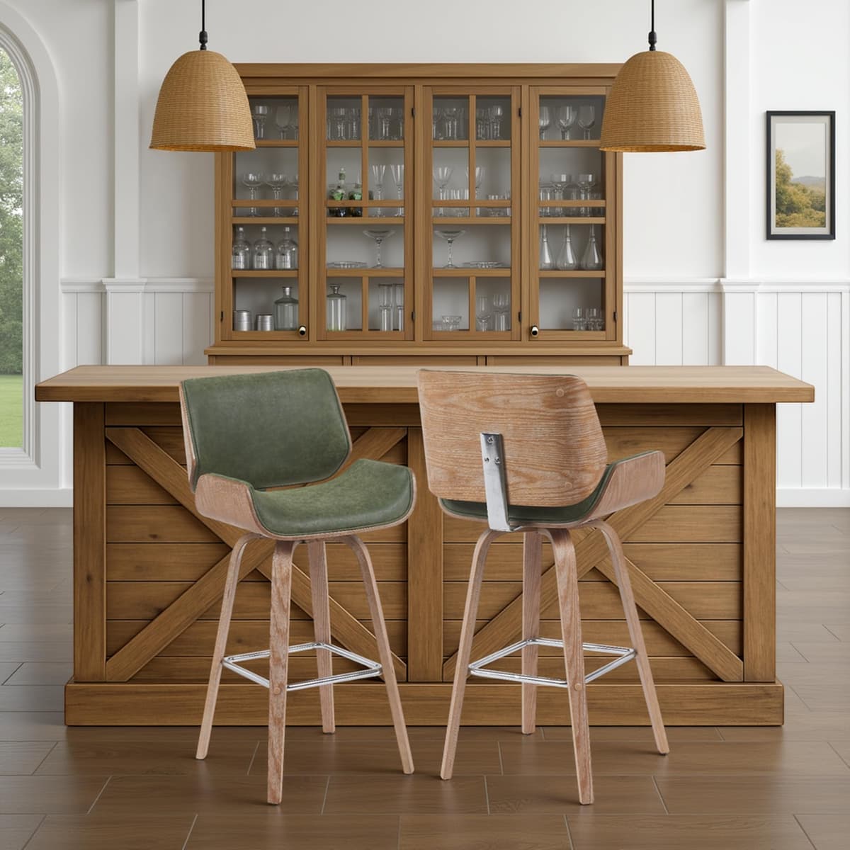 Armen Living Tyler Taburete giratorio altura bar - Juego de 4, madera blanco lavado y tapizado verde vintage LCTYBAVGNWW304PC