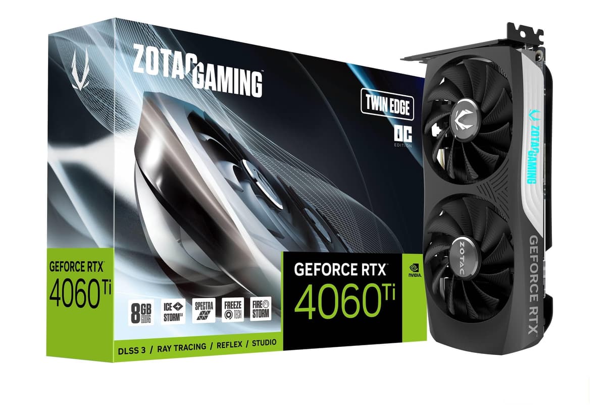 ZOTAC Gaming GeForce RTX 4060 Ti 8GB Twin Edge OC DLSS 3 8GB GDDR6 128 bits 18 Gbps PCIe 4.0 Tarjeta gráfica compacta para juegos, refrigeración avanzada IceStorm 2.0, iluminación RGB Spectra, ZT-D40610H-10M