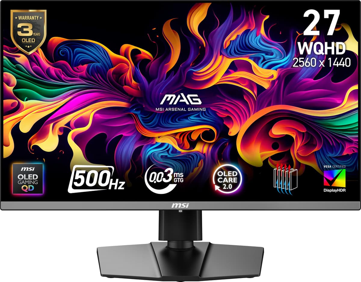 msi MAG 272QP QD-OLED X50 Monitor para juegos de 26.5" 2560 x 1440 (WQHD), 500Hz, AMD Adaptive-Sync, Compatible con HDR, HDMI, VGA, Montable VESA, Inclinable, Bisel delgado en 4 lados, 0.03 ms, Negro