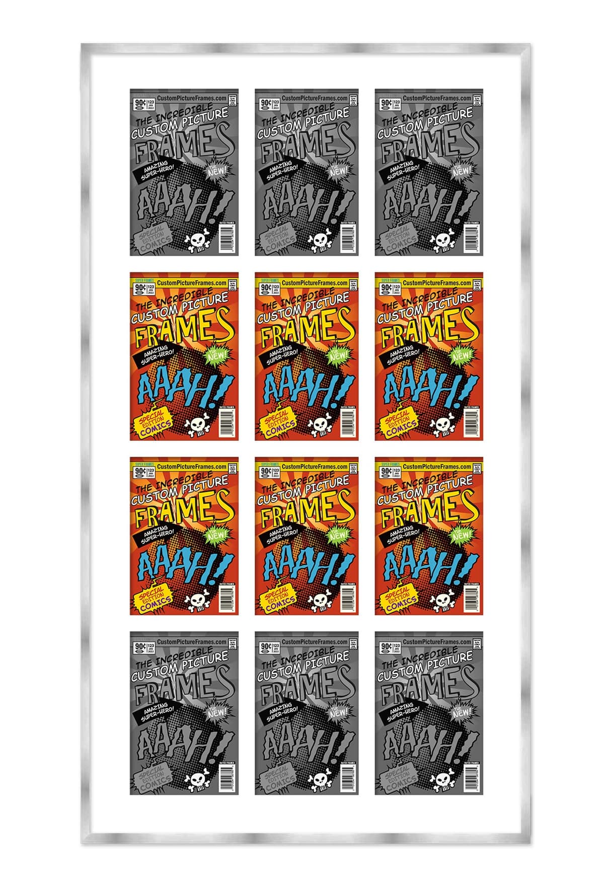 CustomPictureFrames.com Marco collage para 12 cómics plata con passepartout blanco y acrílico UV F9935_29x50.5_COM-161