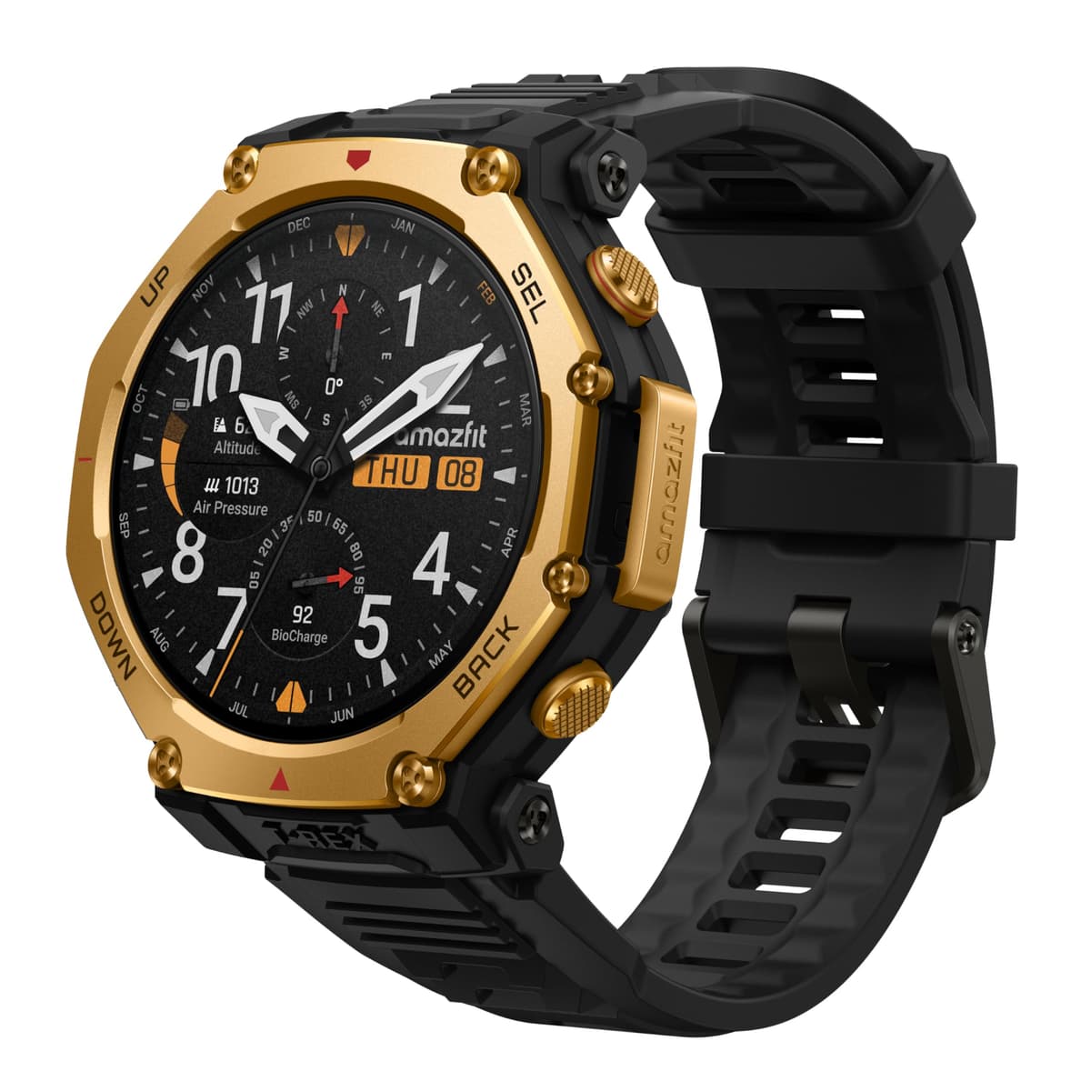 Amazfit T-Rex 3 Pro Reloj Inteligente Outdoor 48 mm Pantalla AMOLED Zafiro con Linterna, Bisel de Titanio, GPS de Banda Dual, Mapas Sin Conexión, 25 Días de Batería, 10 ATM, 180+ Modos Deportivos para Android y iPhone, Negro Oro A2444