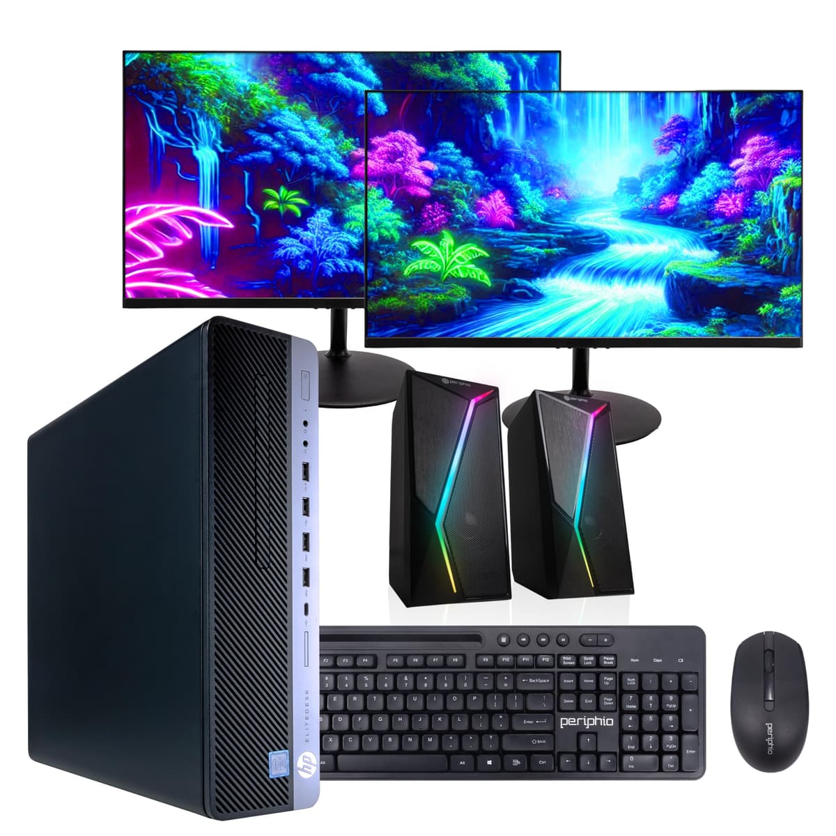 HP EliteDesk 800 G4 PC | Windows 11 Pro | Intel i5-8500 | 16GB RAM 1TB SSD | Monitores duales nuevos de 24" | Parlantes RGB | Computadora para hogar u oficina | Wi-Fi 6 AX200 interno + BT (Remanufacturada)